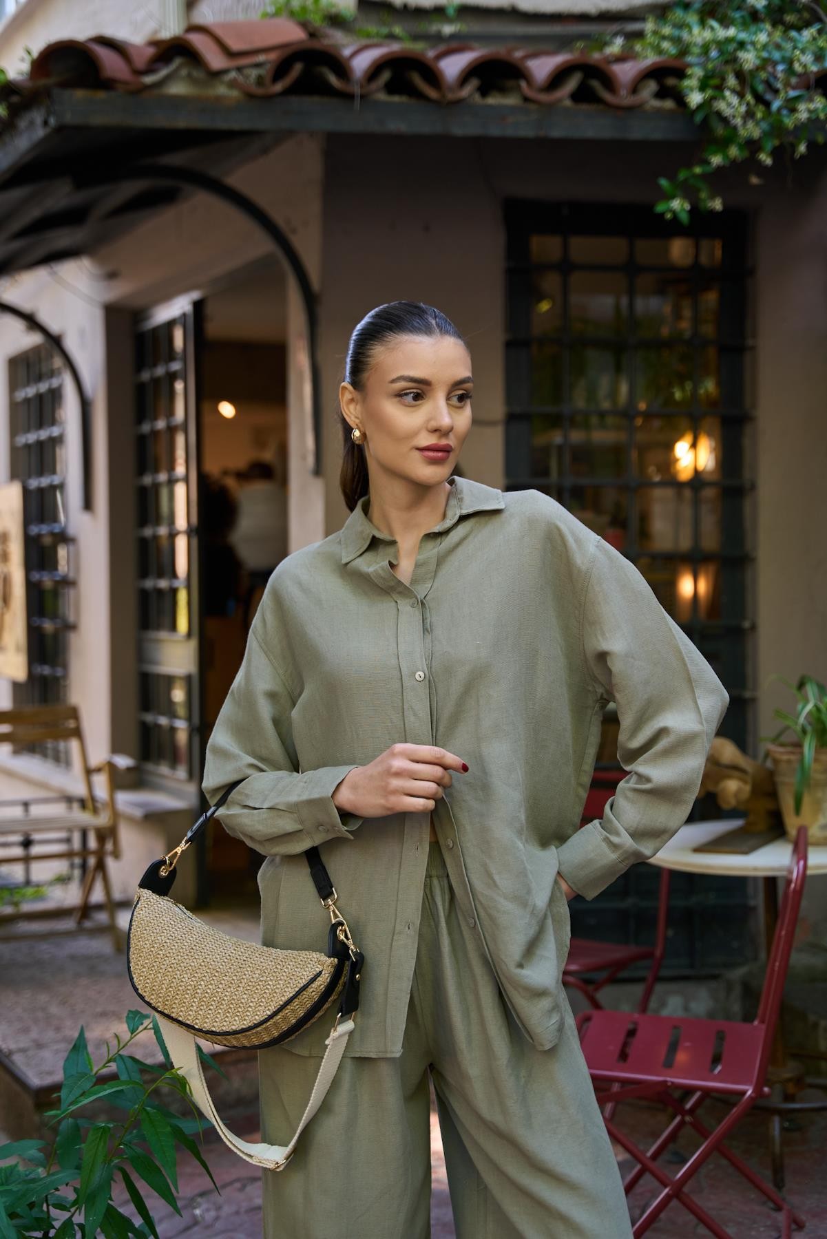 Oversize Keten Haki Kadın Gömlek