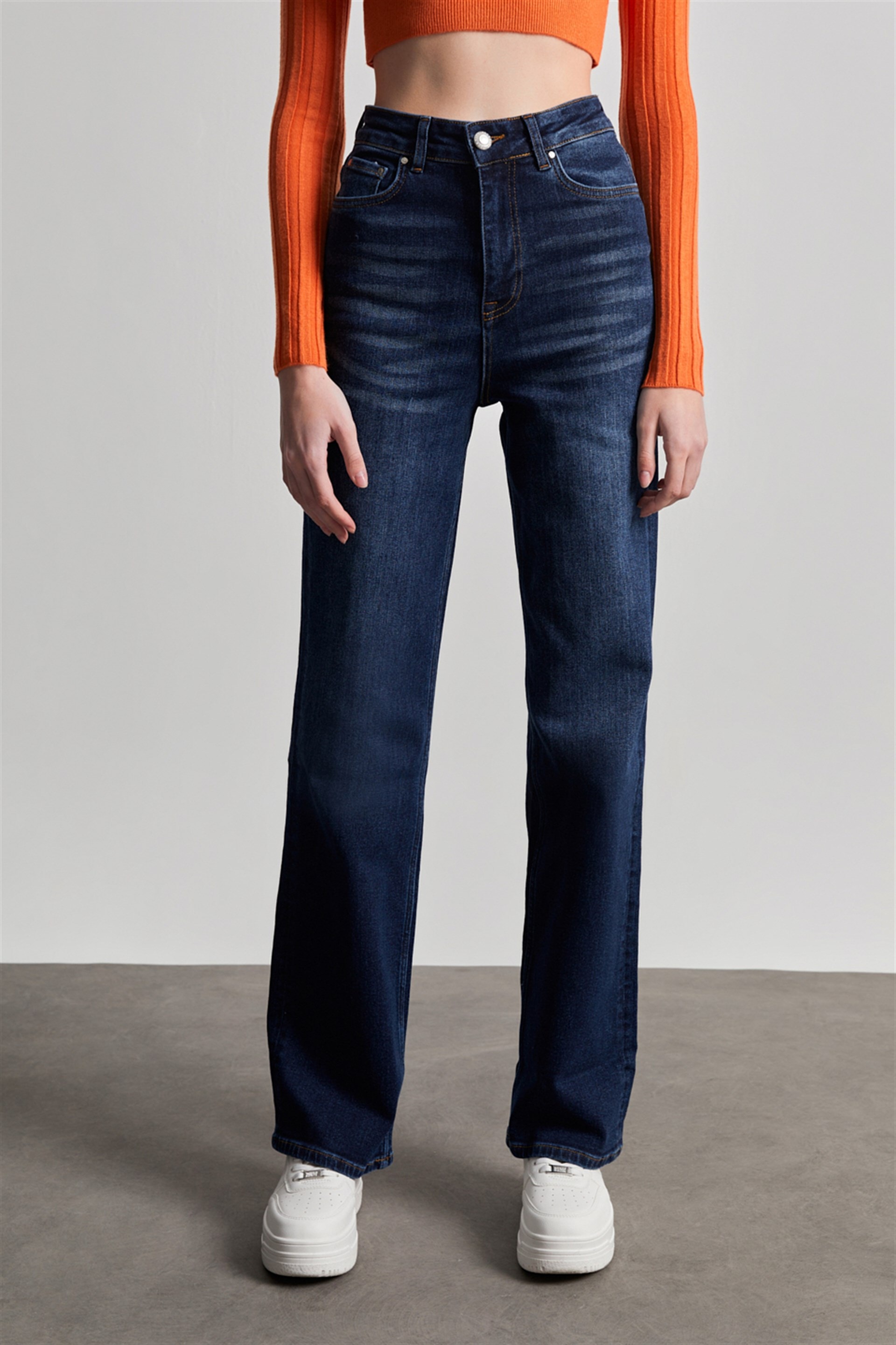 Kadın Lacivert Yüksek Bel Wide Leg Signature Jean