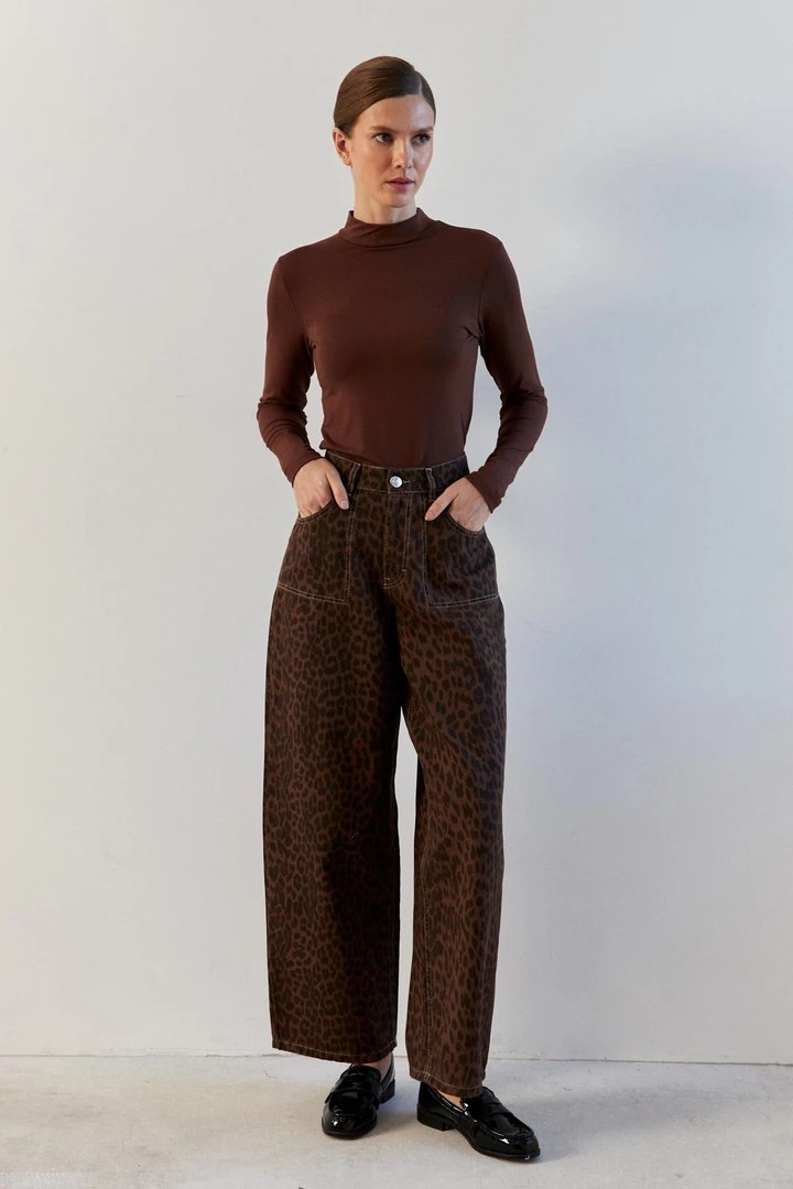 Yüksek Bel Leopar Desenli Kahve Straight Fit Kadın Jean