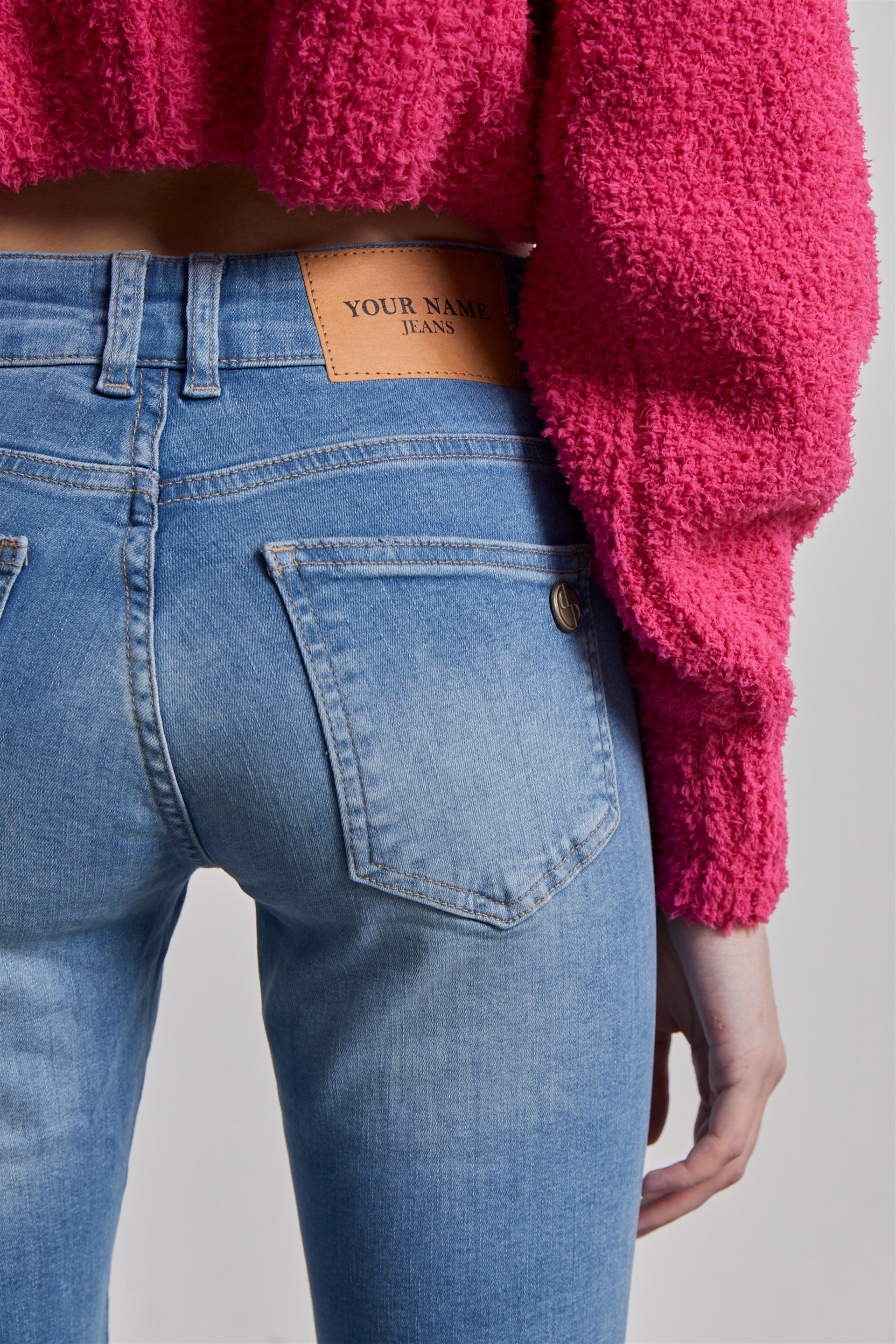 Kadın Mavi Orta Bel Cep Ağzı Gümüş Taşlı Skinny Jean