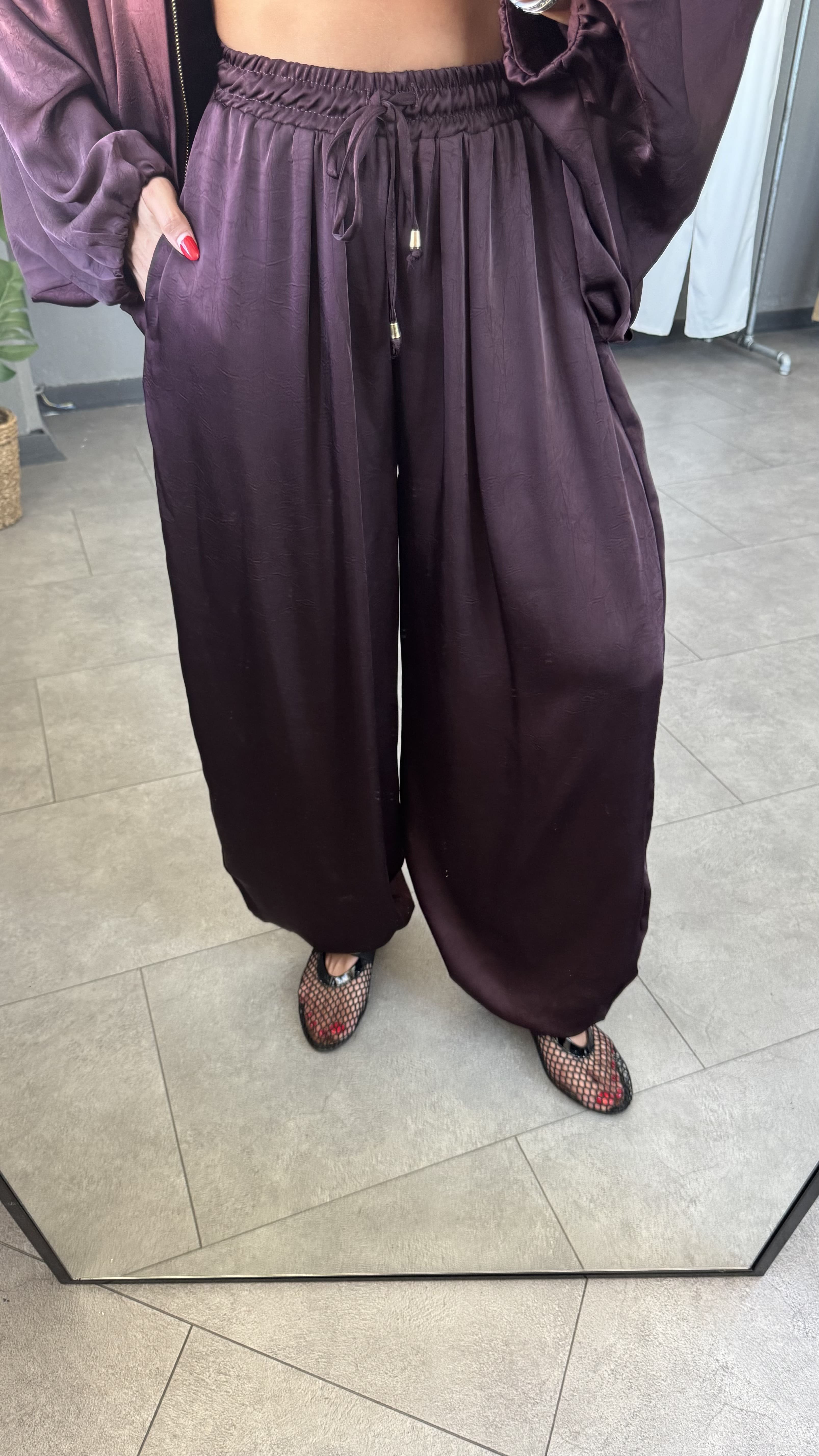 Beli Lastikli Saten Şalvar Pantolon