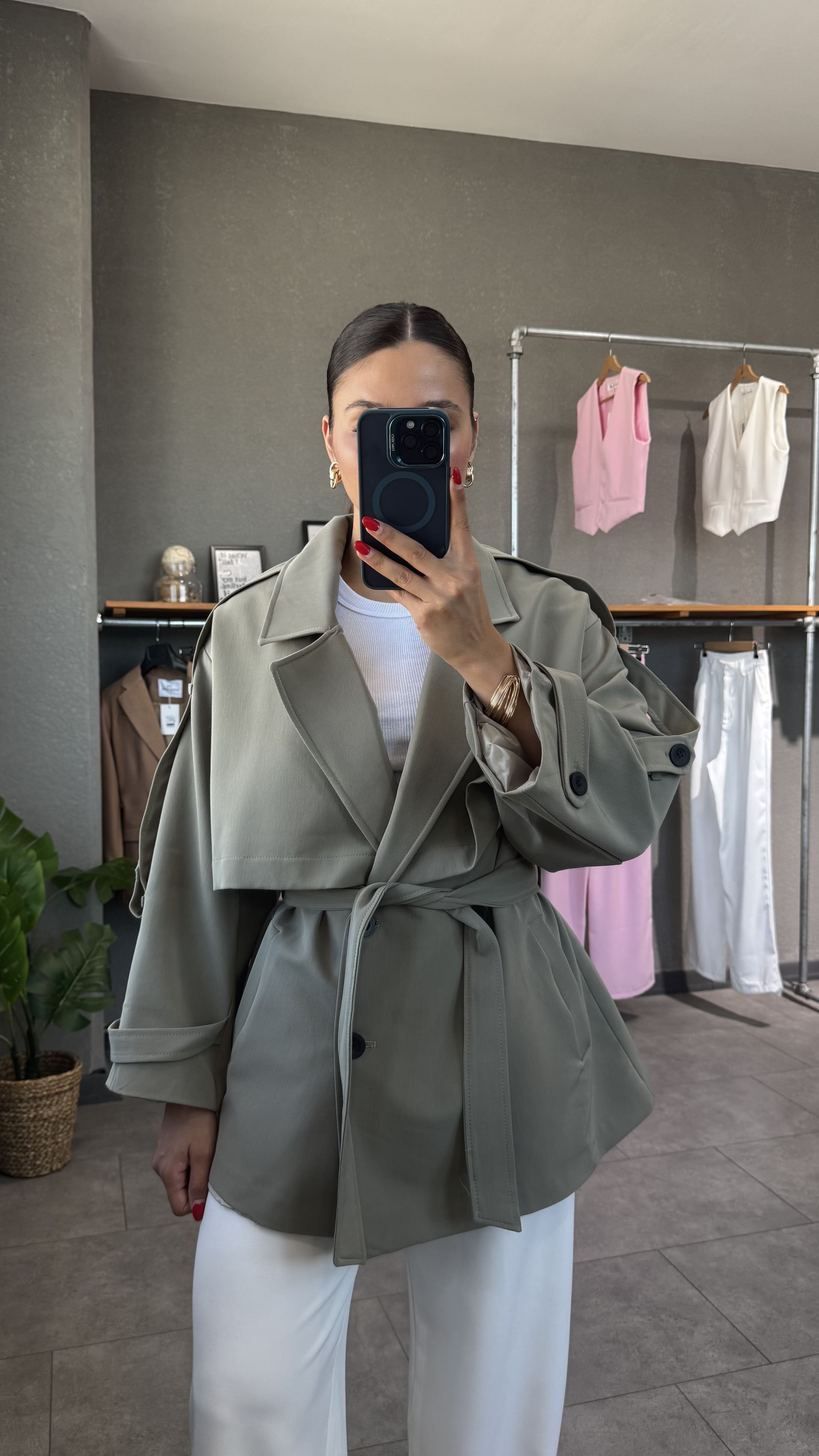 Oversize Kuşaklı Kısa Trençkot - Açık Haki