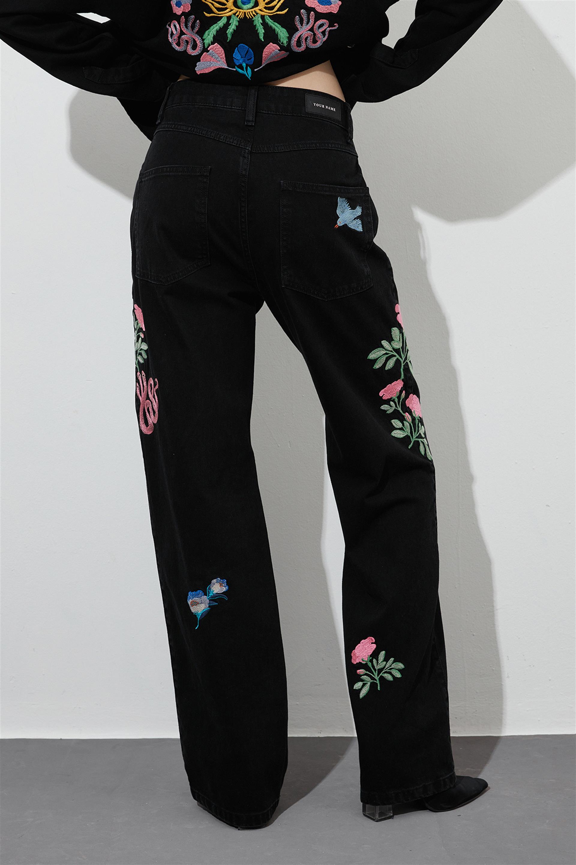 LIMITED EDITION Siyah Nakış Detaylı Wide Leg Rosa Jean