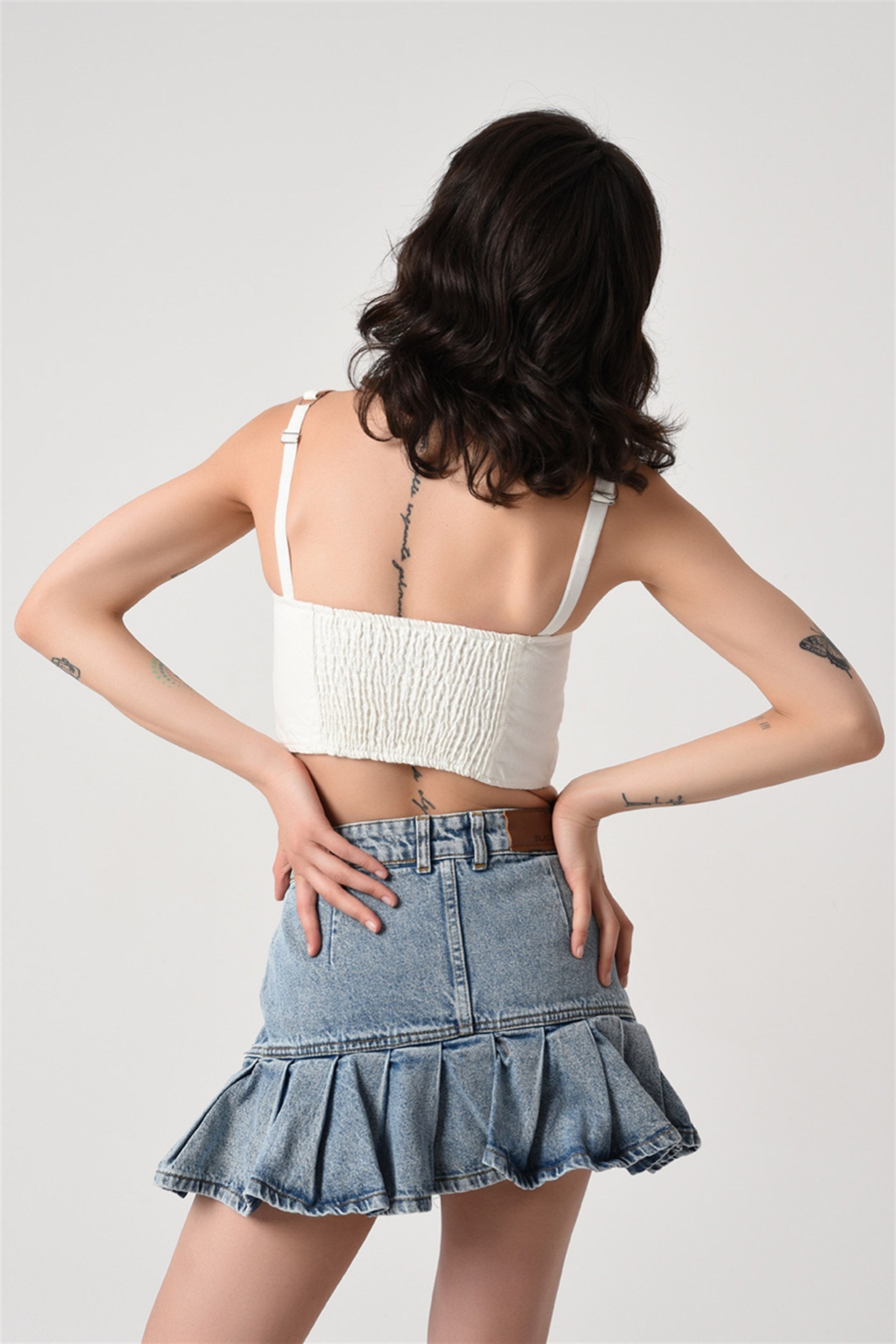 Fermuar Detaylı Denim Büstiyer Beyaz