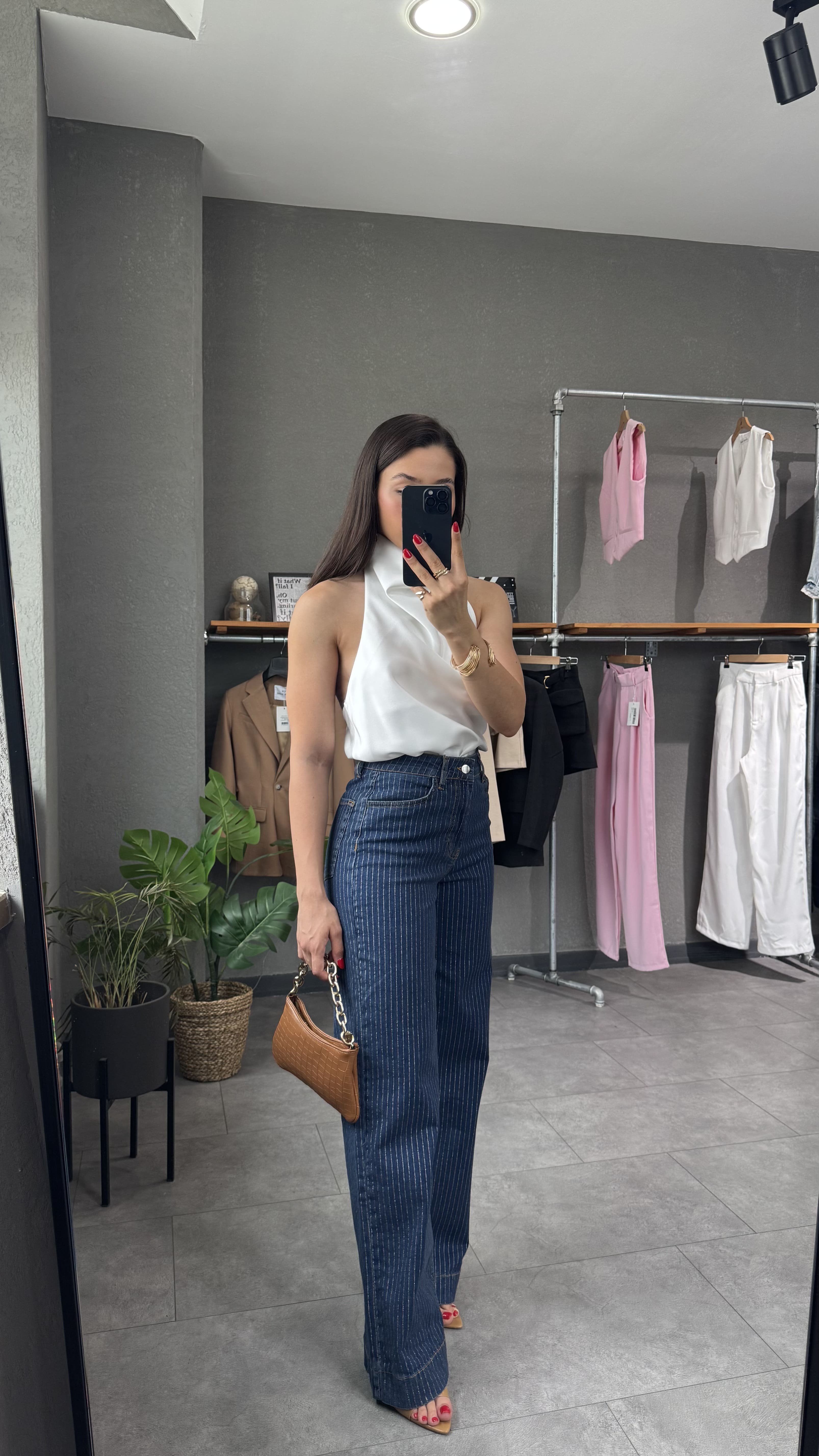 Yüksek Bel Simli Çizgi Detaylı Wide Leg Jean