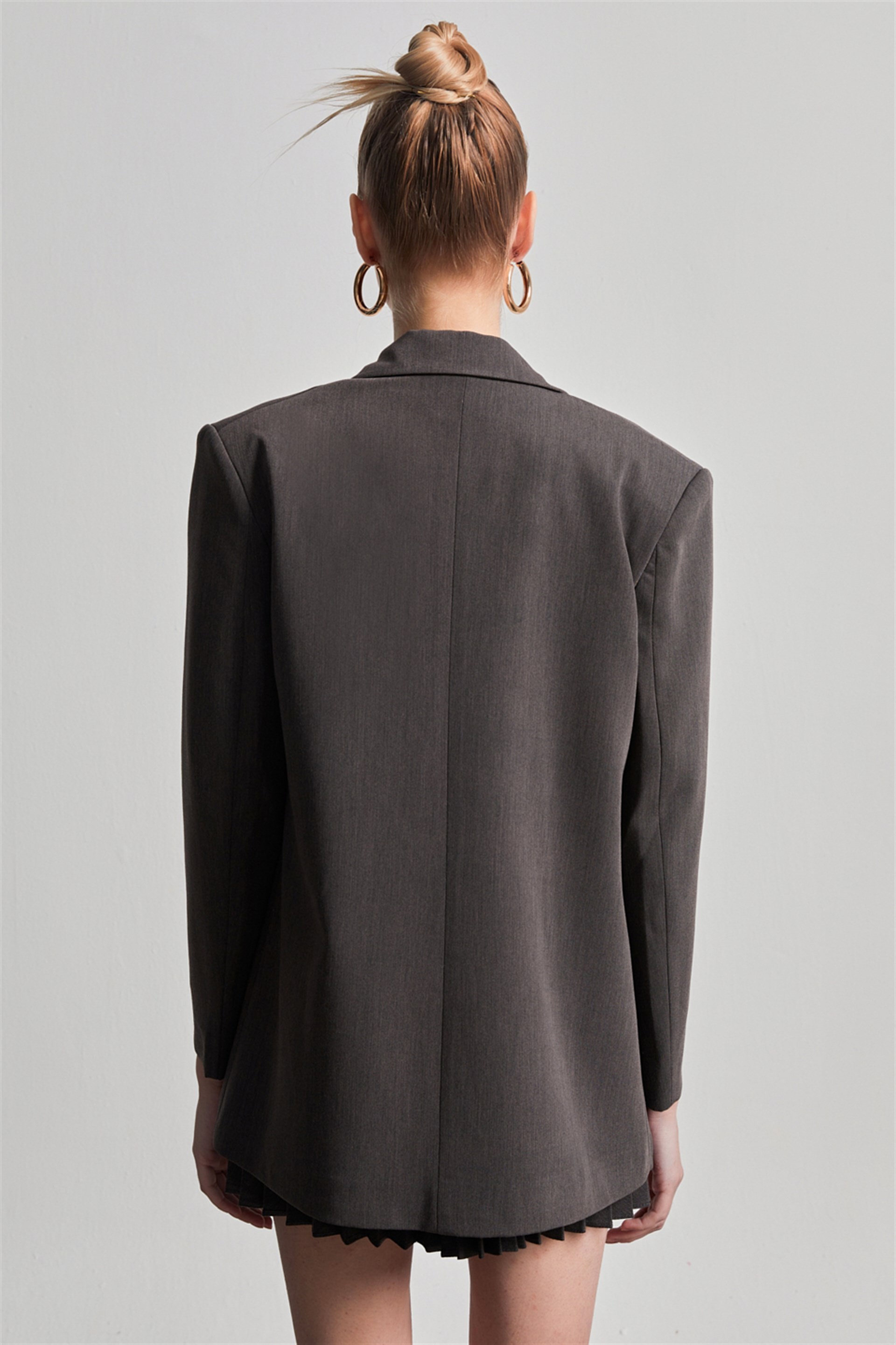 Kruvaze Yaka Vatkalı Oversize Blazer Ceket Füme