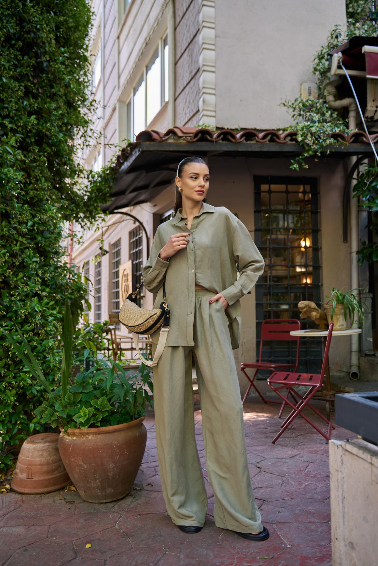 Beli Lastikli Bol Keten Haki Kadın Pantolon