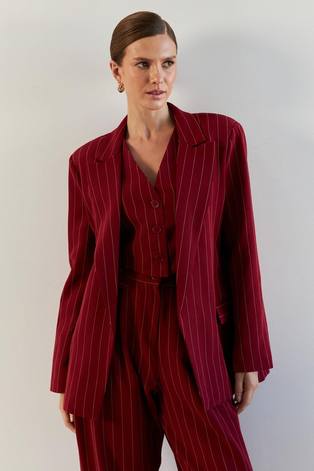 Oversize Çizgili Bordo Kadın Blazer Ceket
