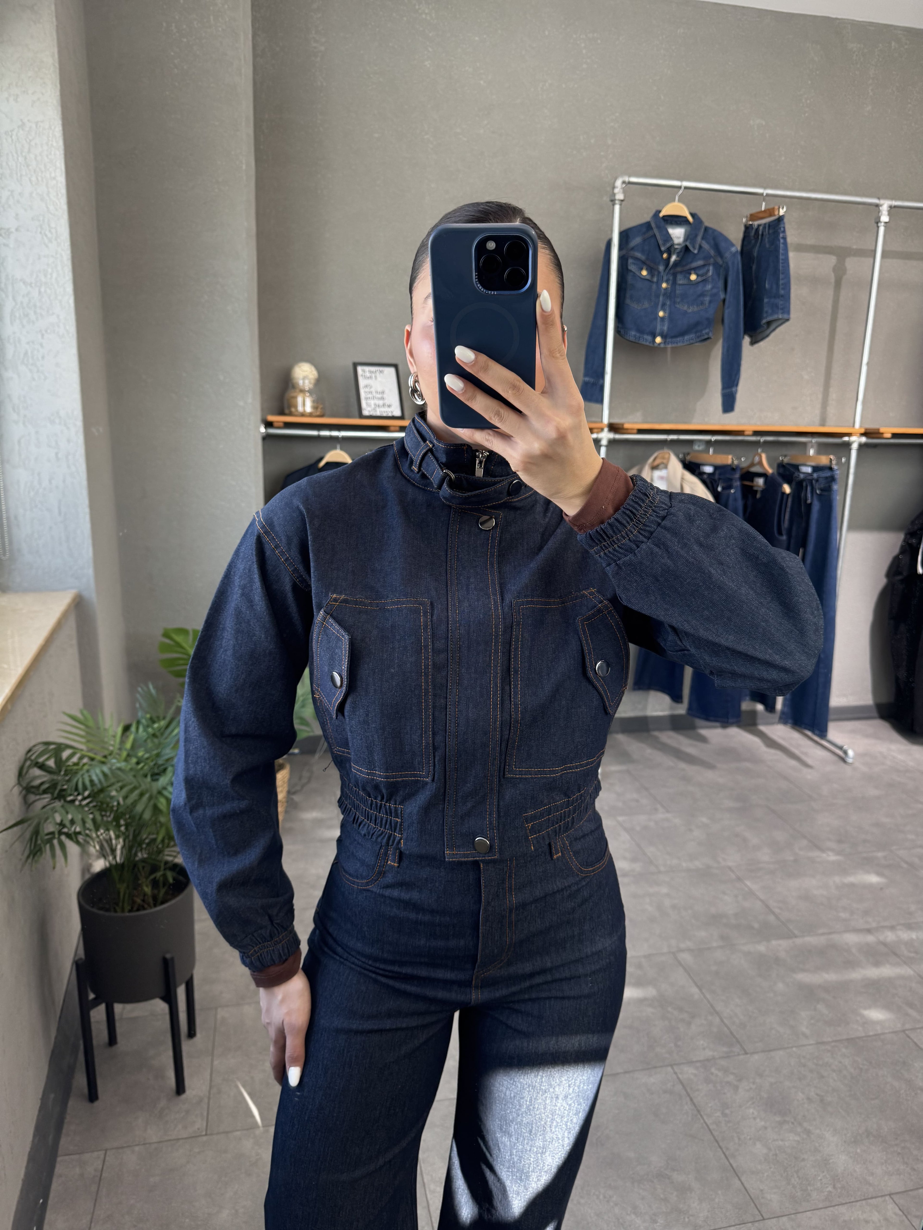 Beli lastikli Denim görünümlü Kadın Bomber Ceket