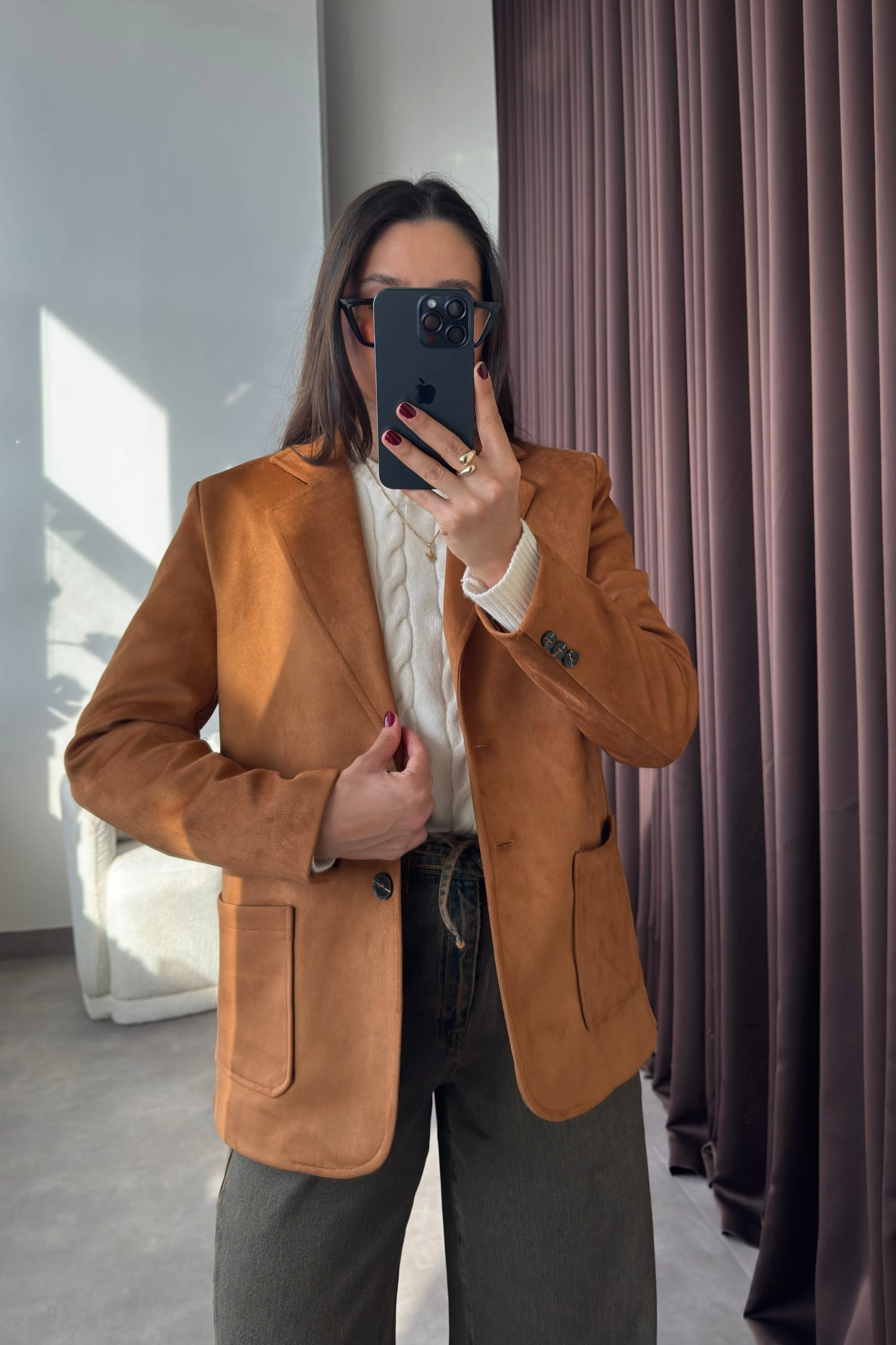 Vatkalı Cep Detaylı Taba Süet Kadın Blazer Ceket