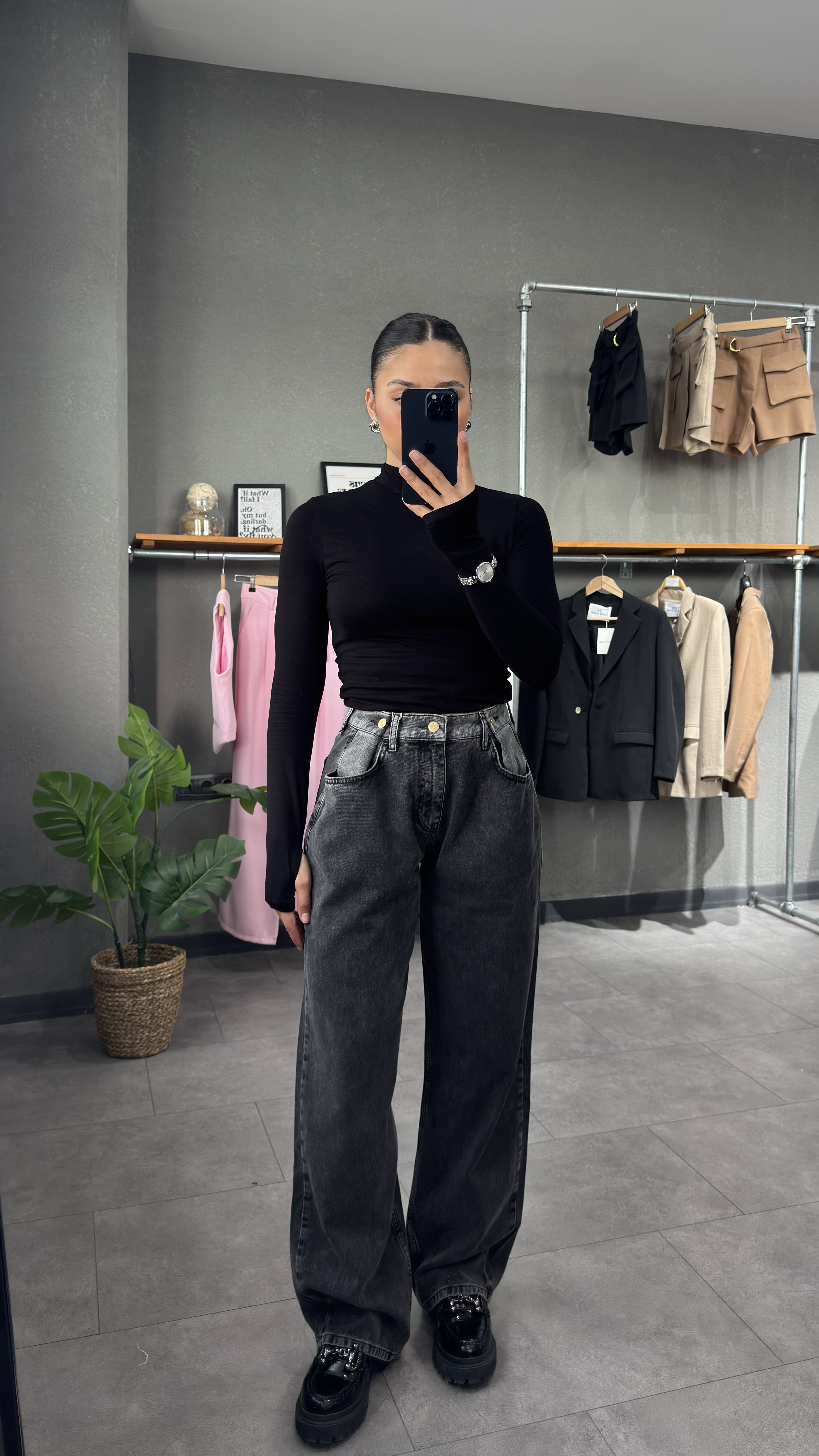 Beli Düğmeli Franky Kadın Füme Jean