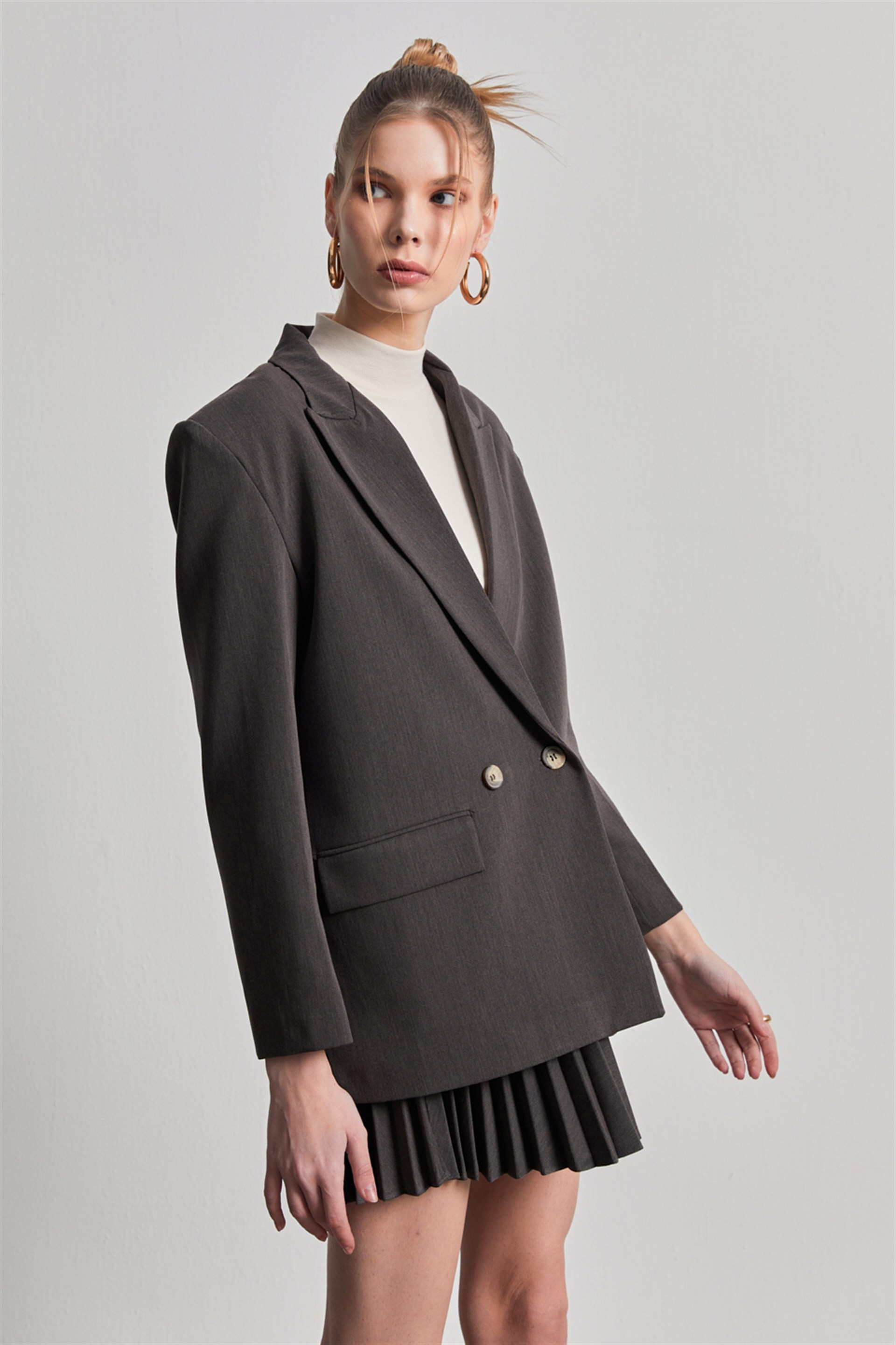 Kruvaze Yaka Vatkalı Oversize Blazer Ceket Füme