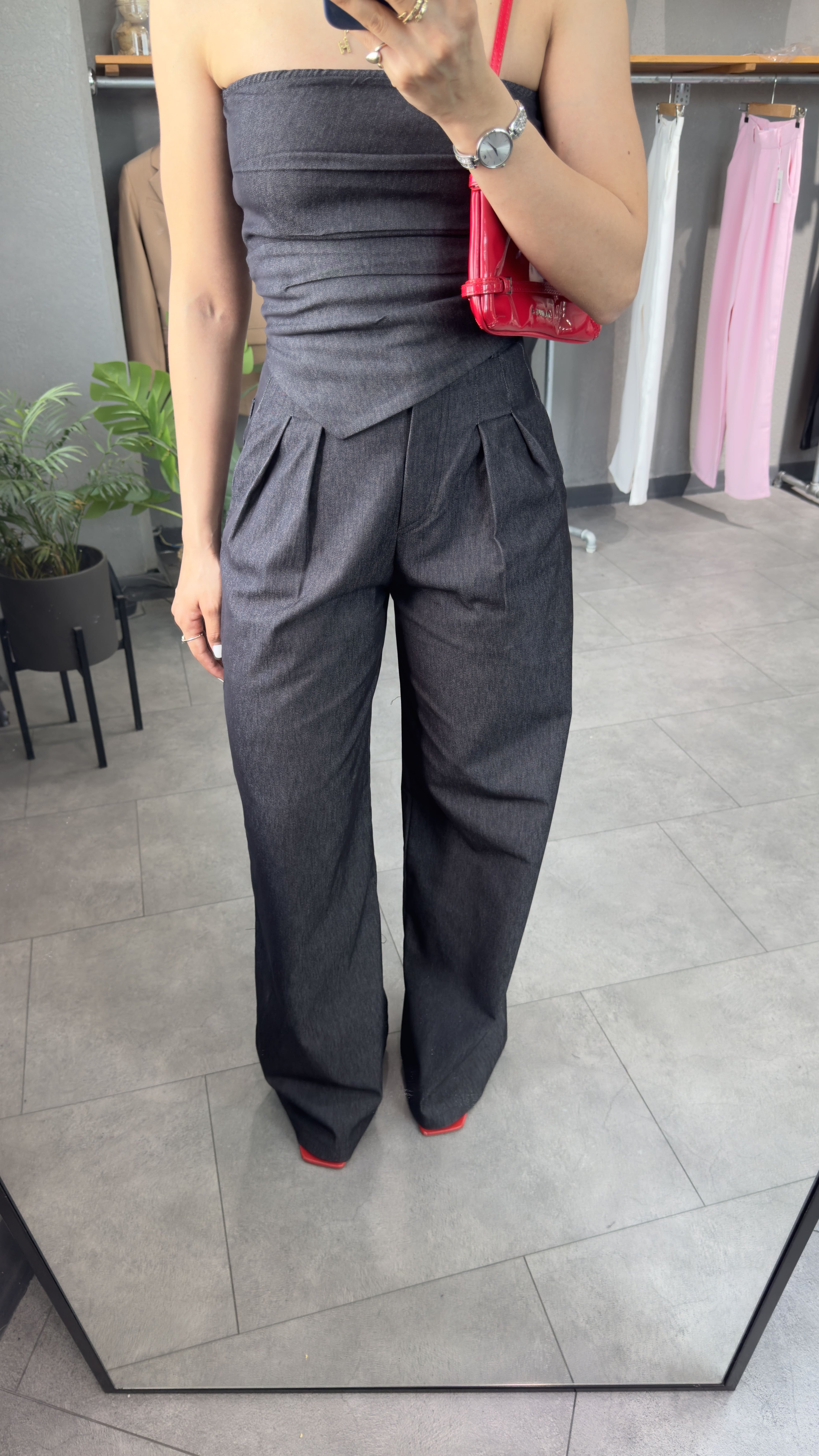 Straplez Denim Görünümlü Büstiyer Lacivert Renk Pantolon Takım