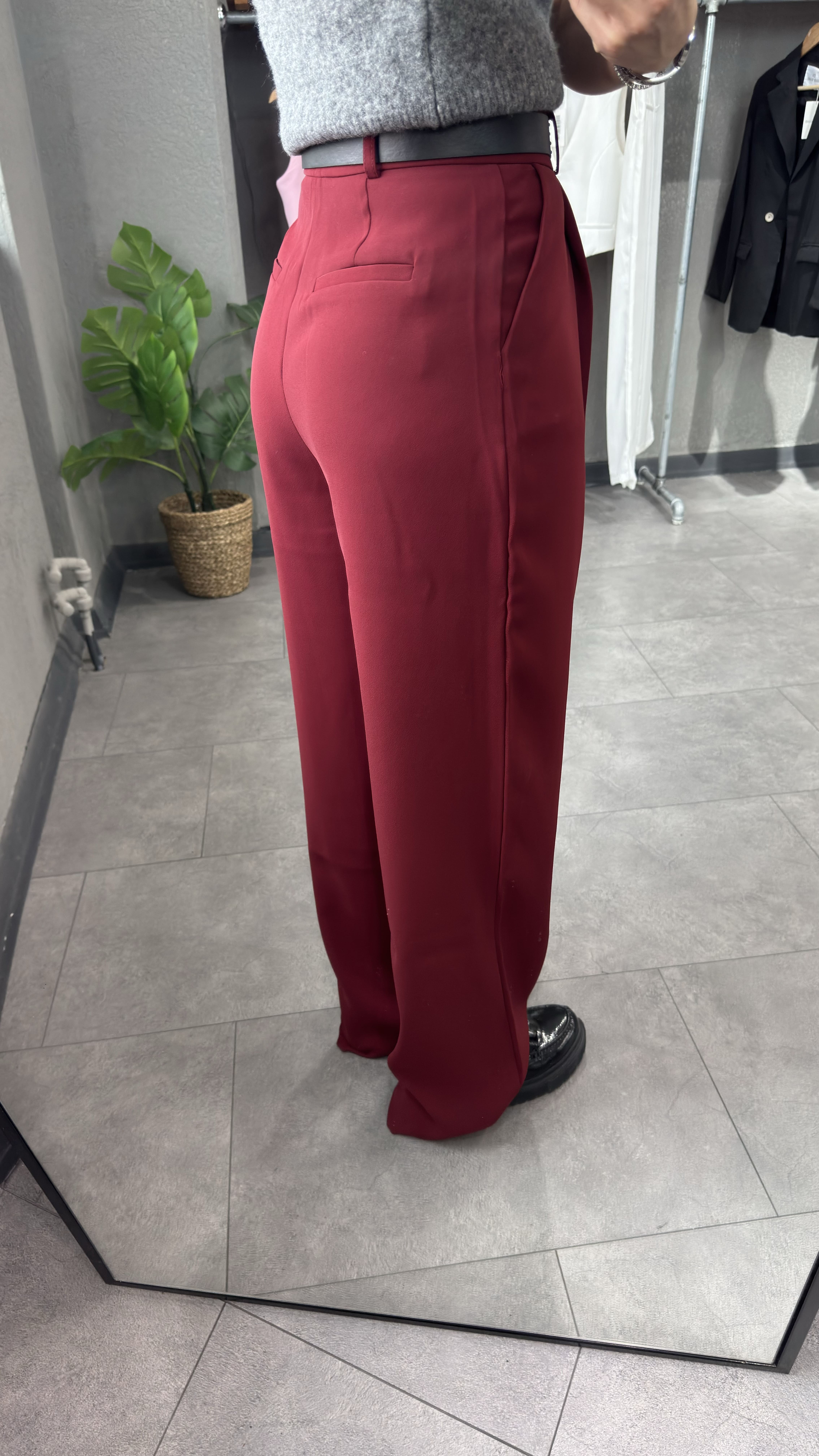 Yüksek Bel Pileli Bordo Kadın Palazzo Pantolon