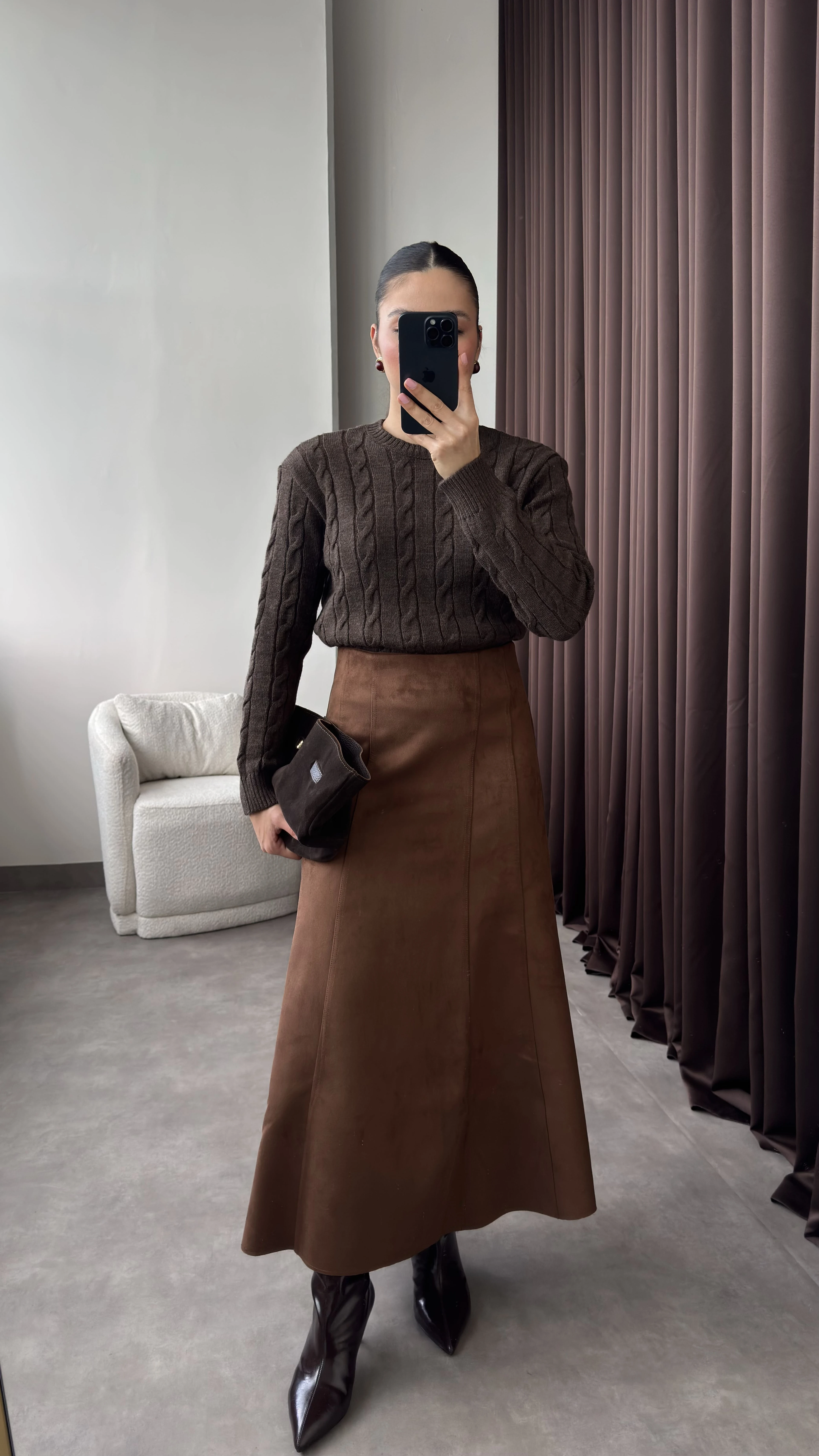 Kadın Kahve Uzun Kloş Süet Etek