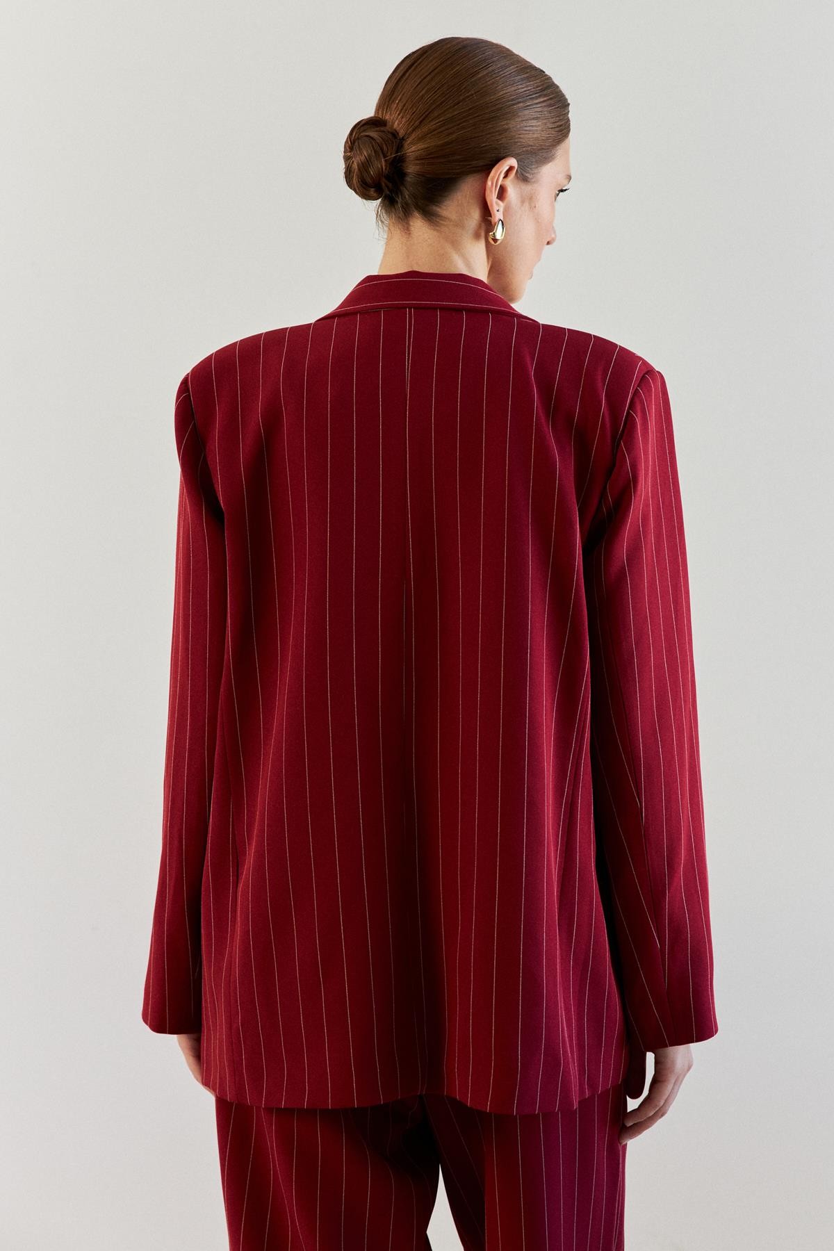 Oversize Çizgili Bordo Kadın Blazer Ceket