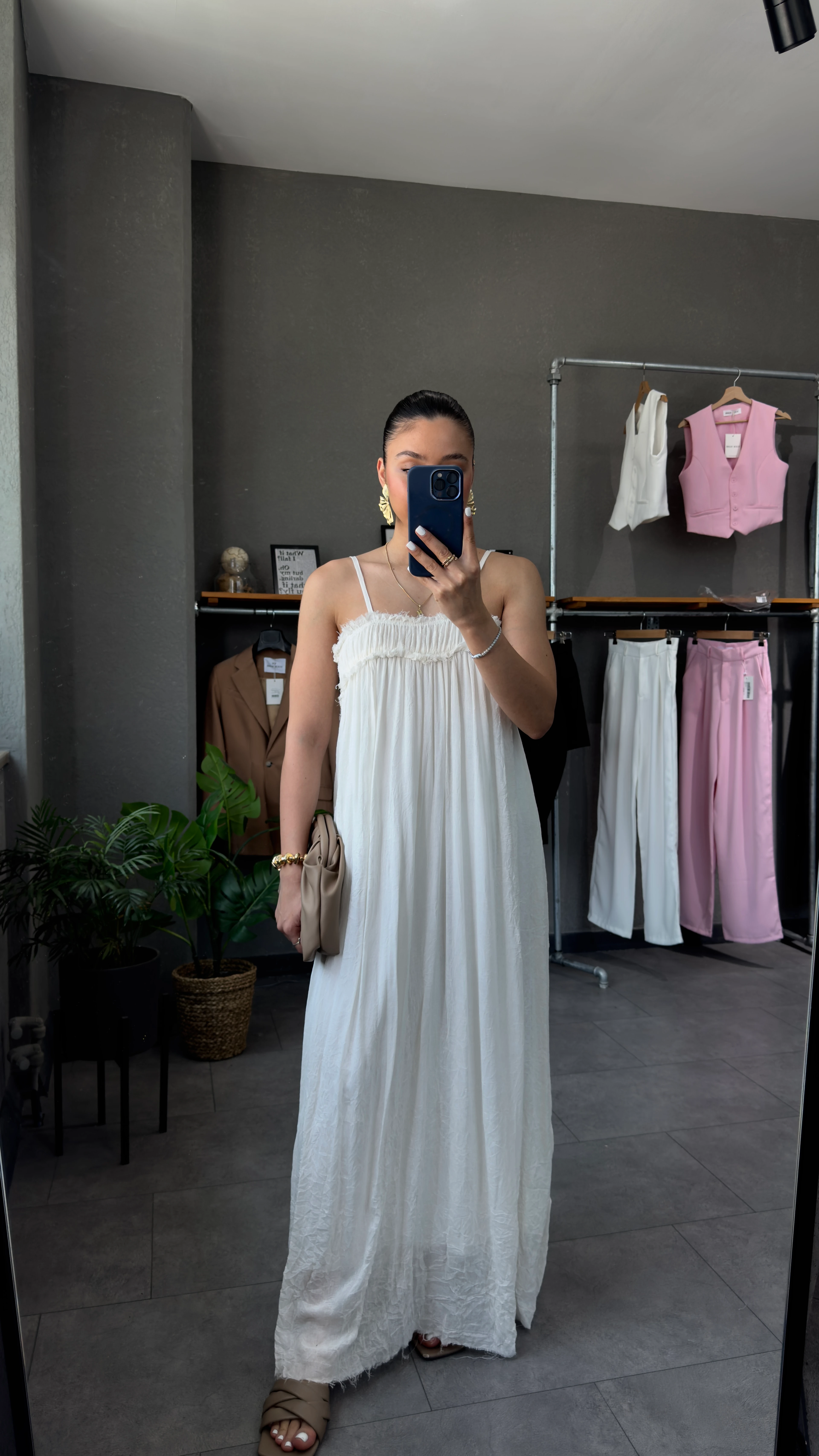 İp Askılı Uzun Elbise - Beyaz