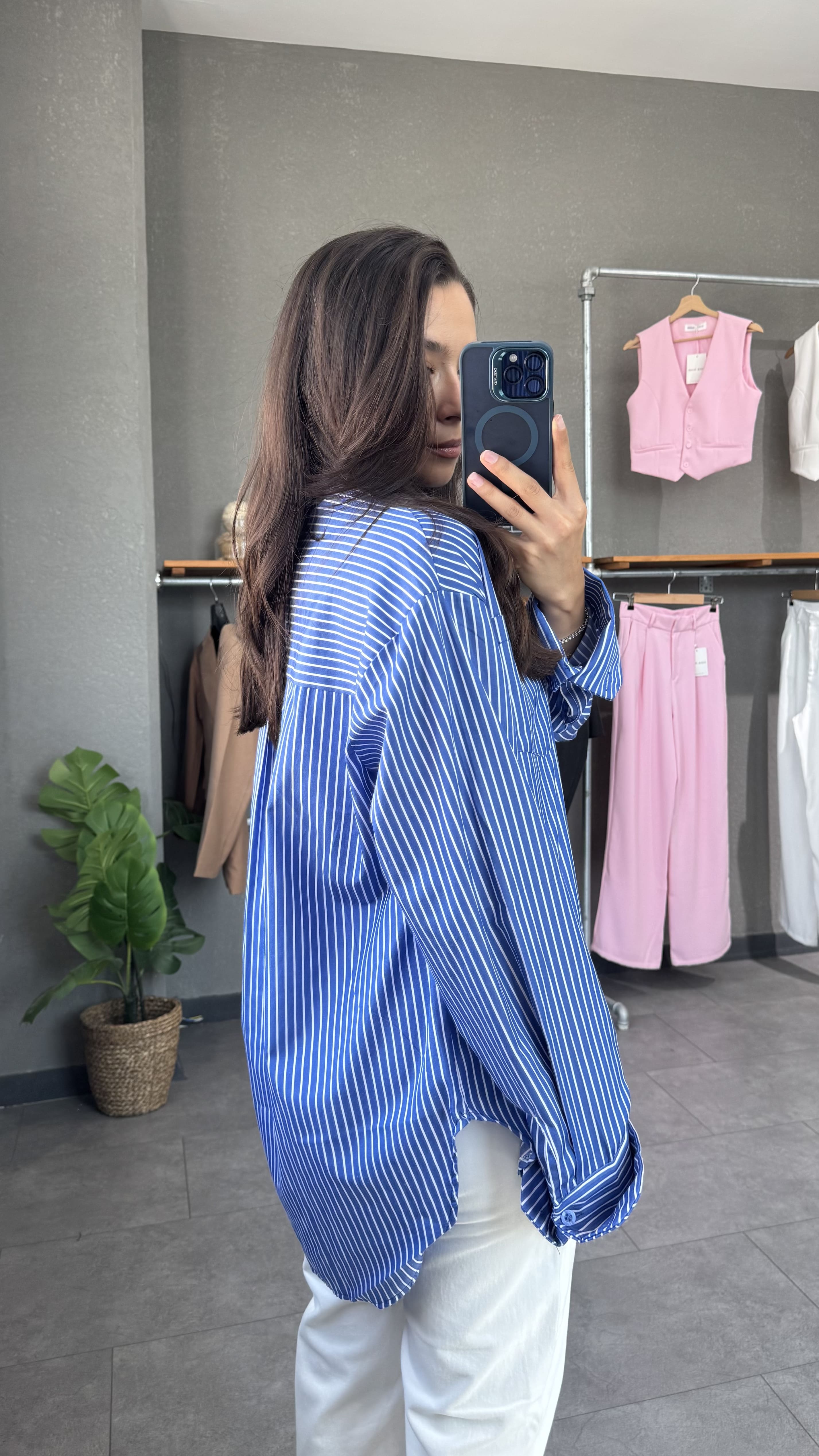 Poplin Oversize Çizgili Koyu Mavi Kadın Gömlek