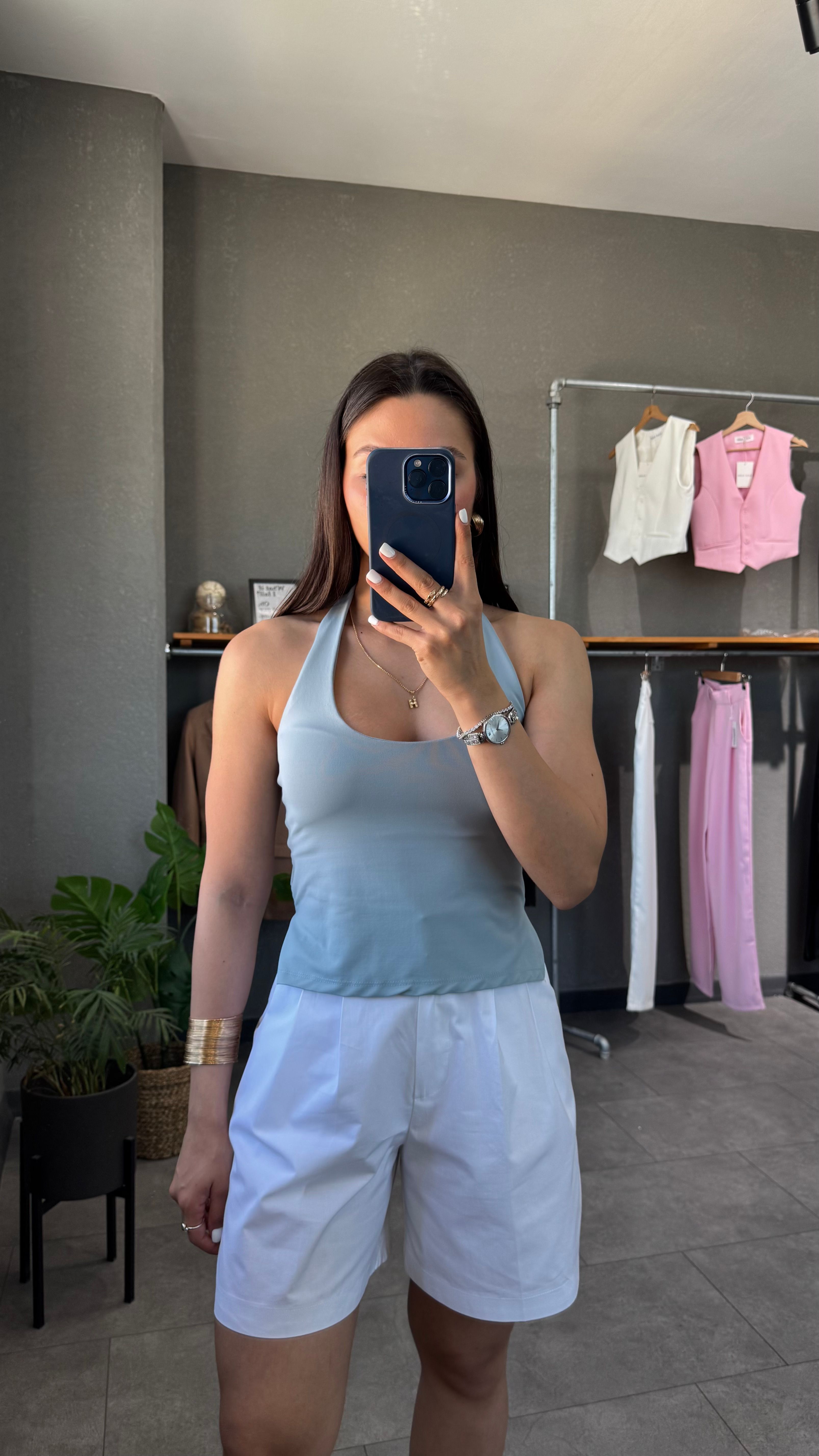 Halter Yaka Sırt Dekolteli Bluz - Mavi