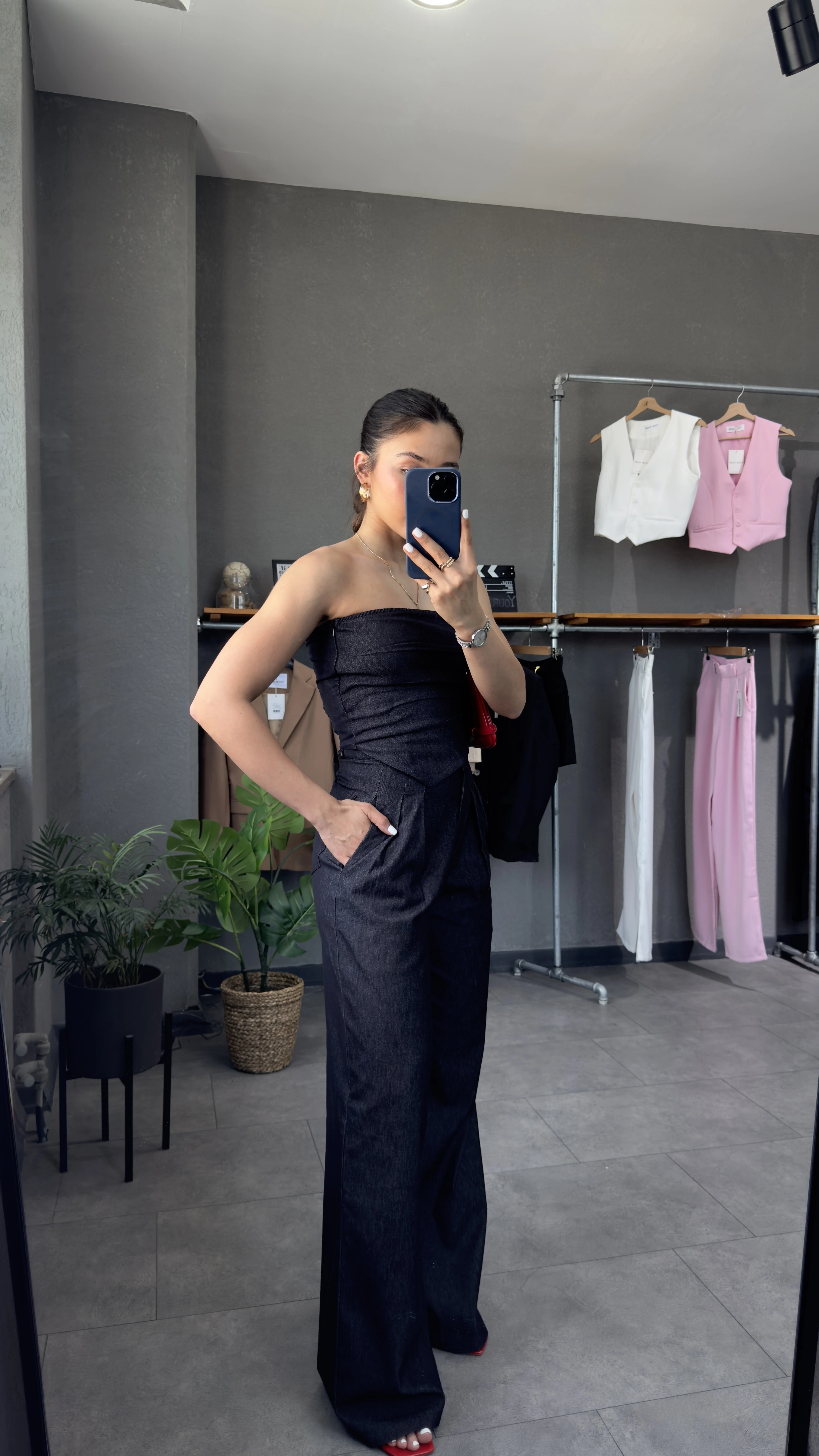 Straplez Denim Görünümlü Büstiyer Pantolon Takım