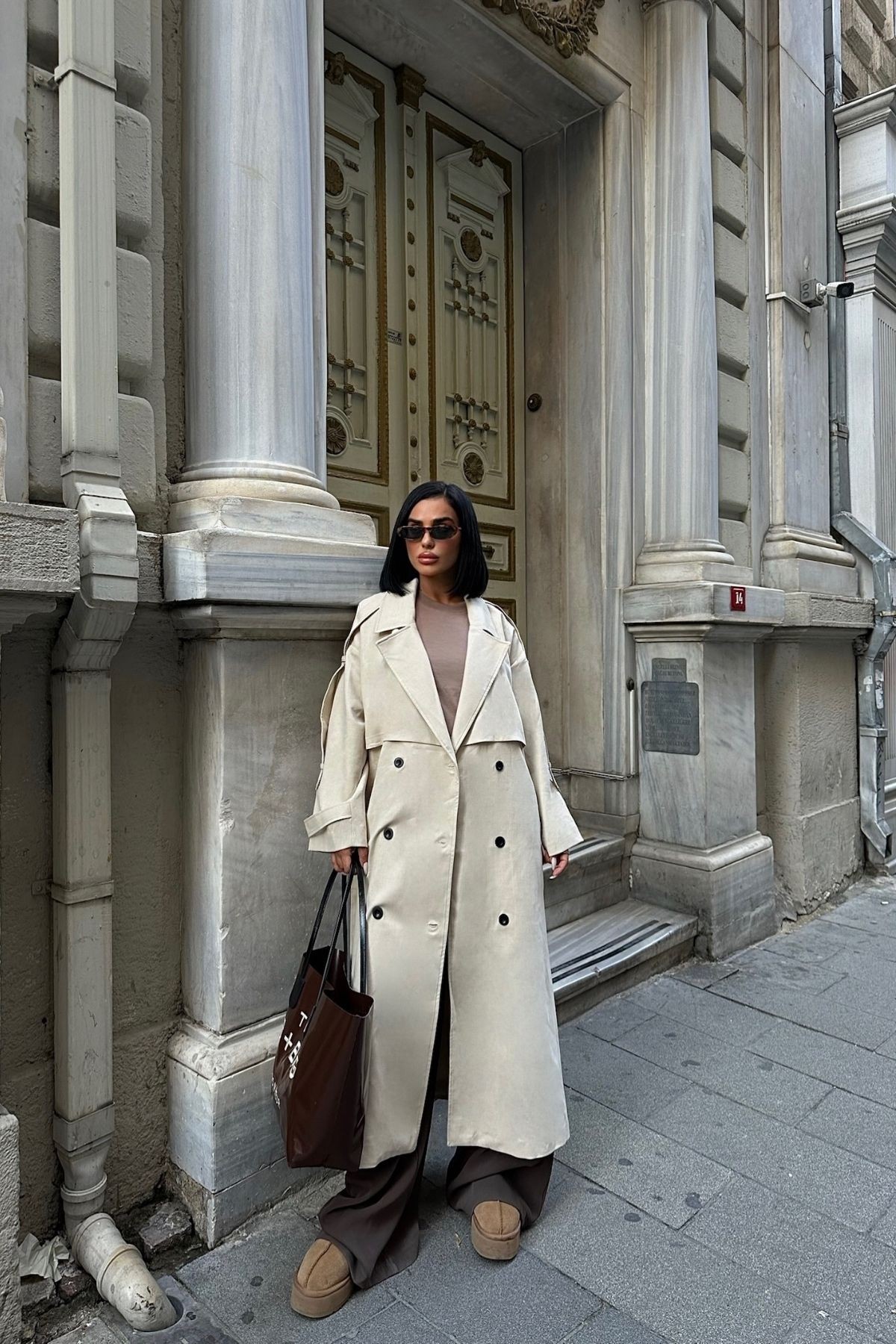 Oversize Premium Uzun Kadın Trençkot - Taş