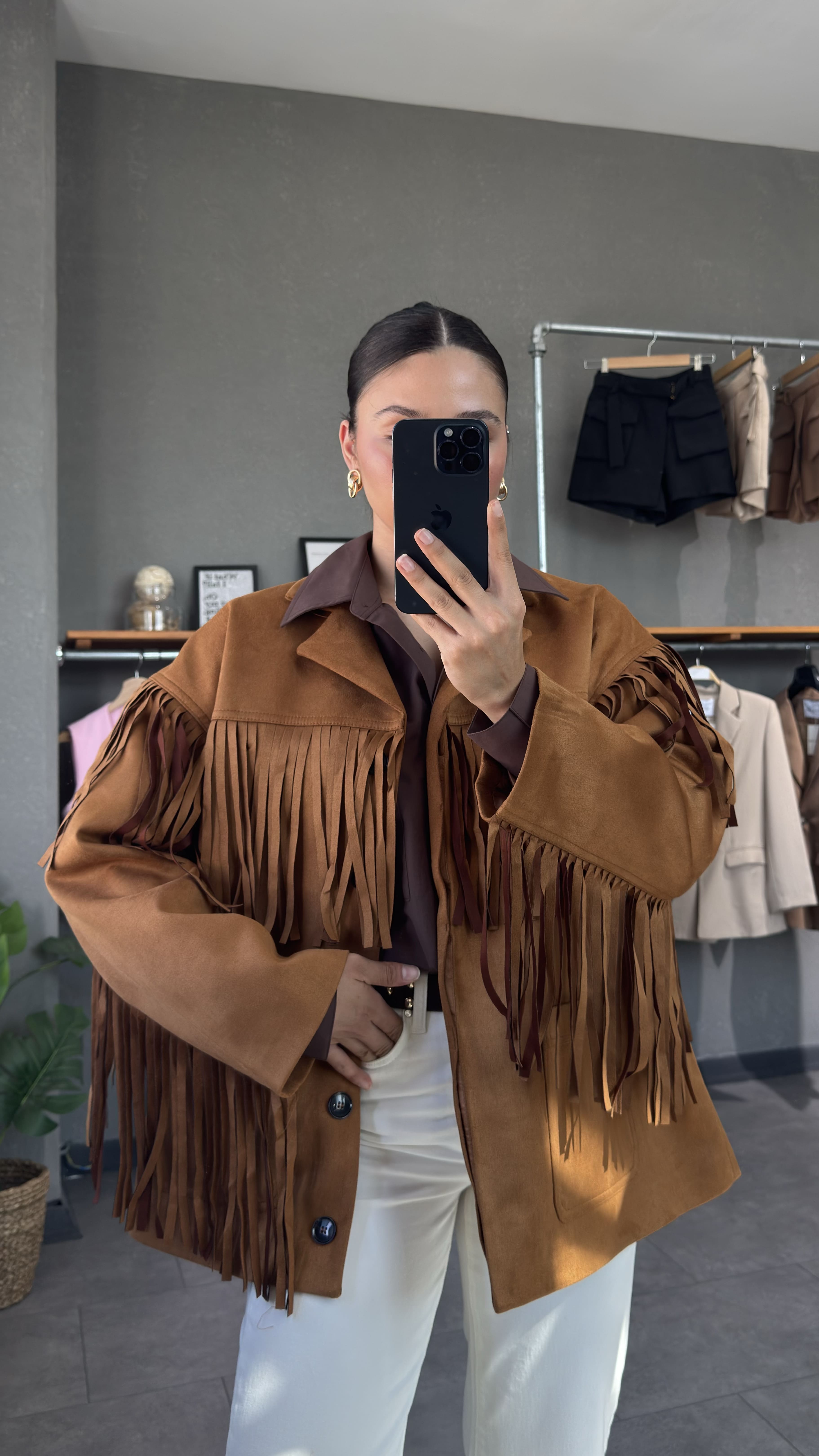 Püsküllü Kovboy Süet Ceket - Taba