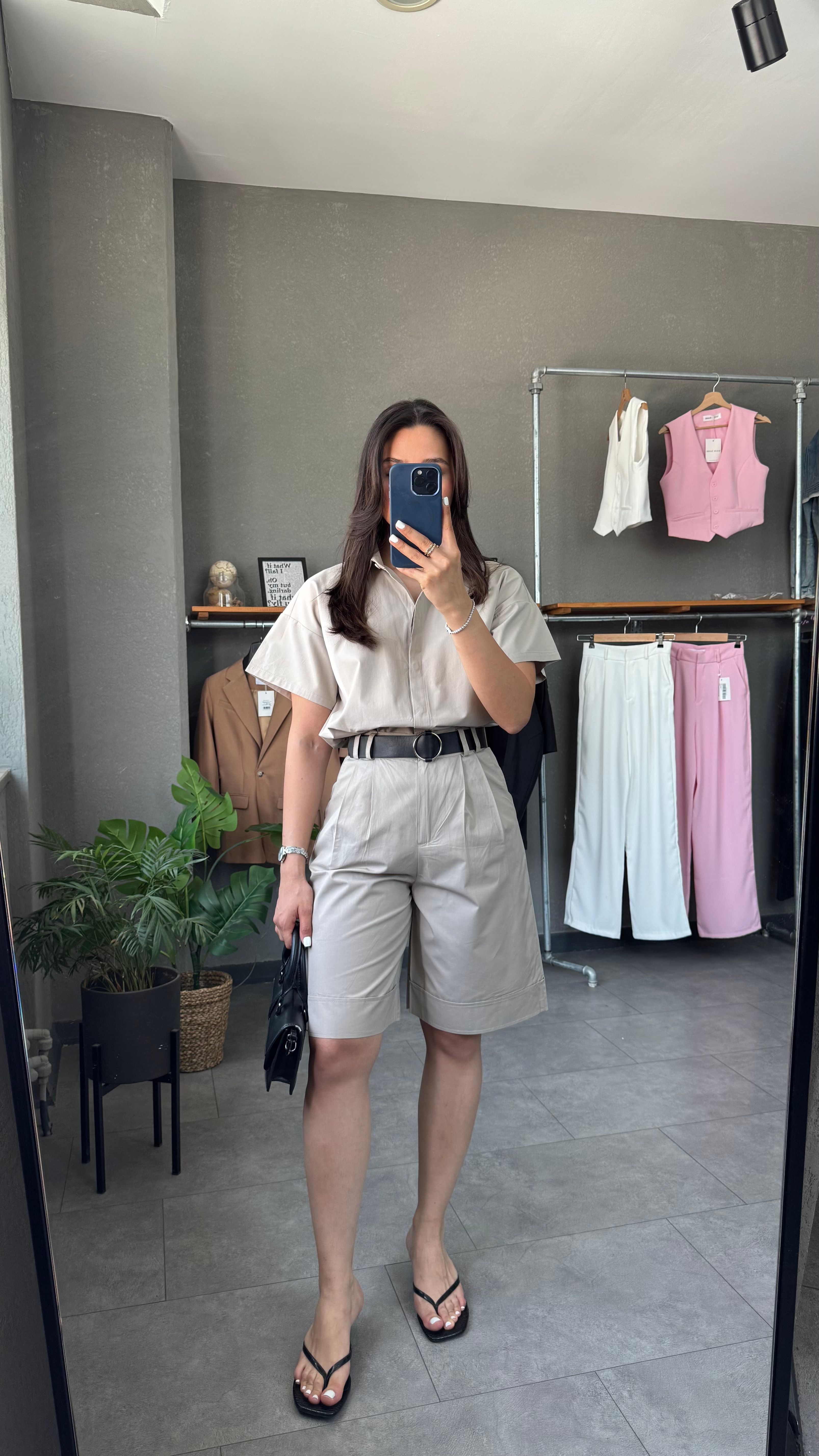 Gabardin Gömlek Kemerli Bermuda Şort Takım - Bej
