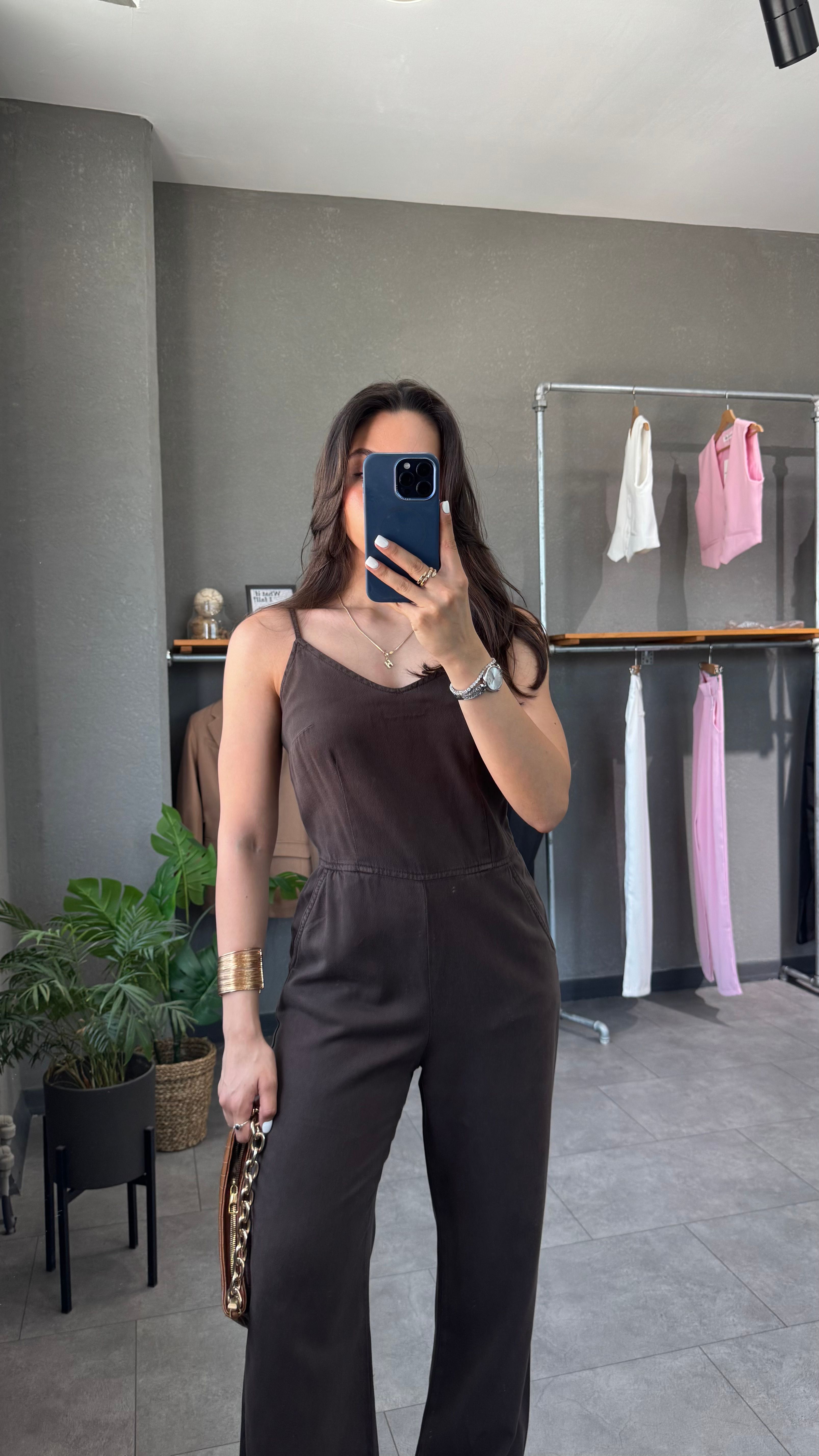 İnce Askılı Tensel Denim Tulum