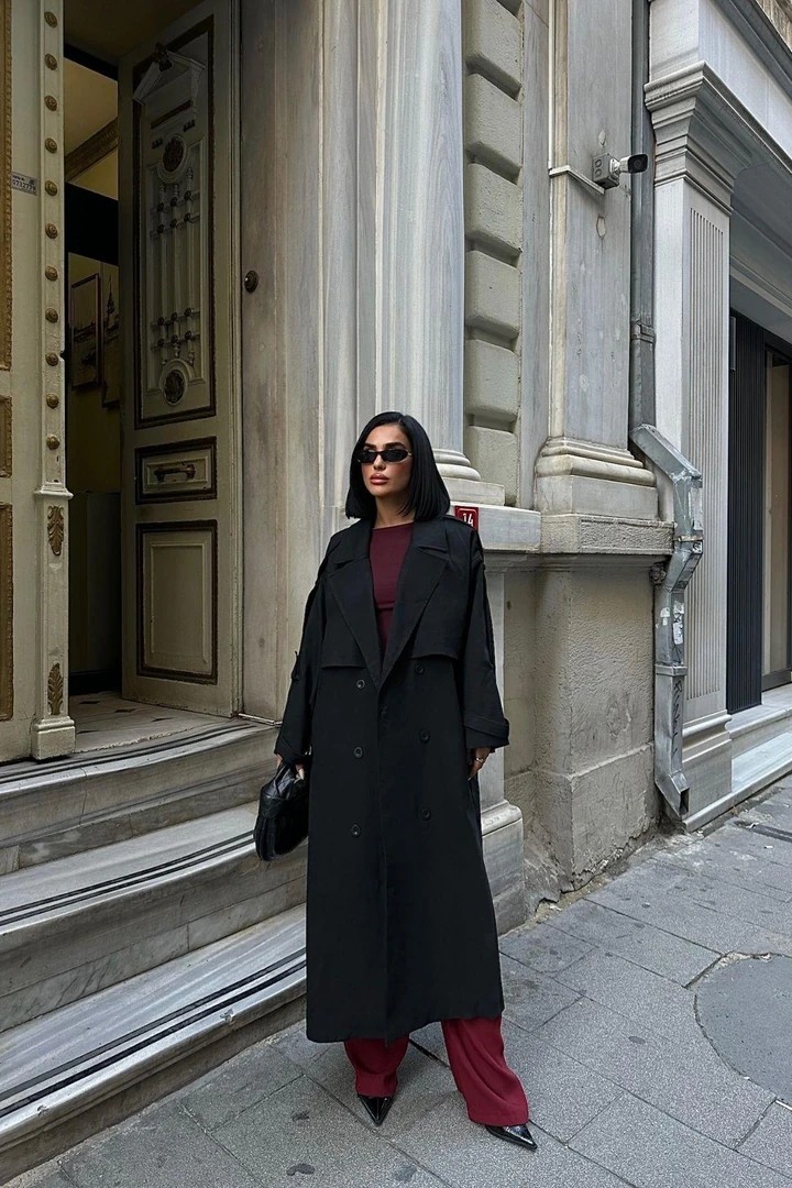 Oversize Premium Uzun Kadın Trençkot - Siyah