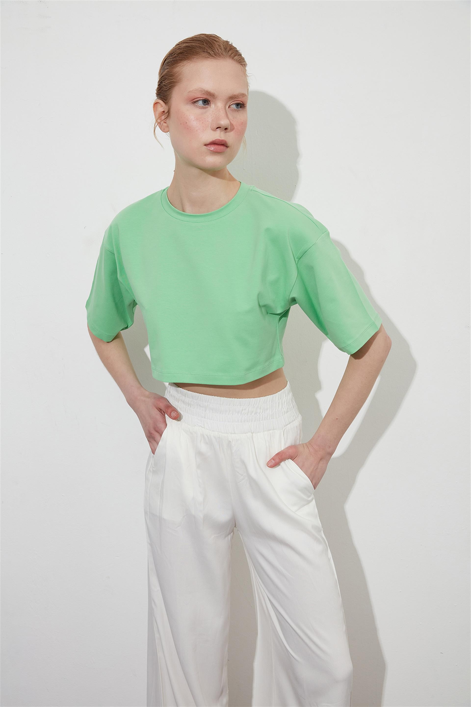 Yeşil Crop Kısa Kol T-shirt