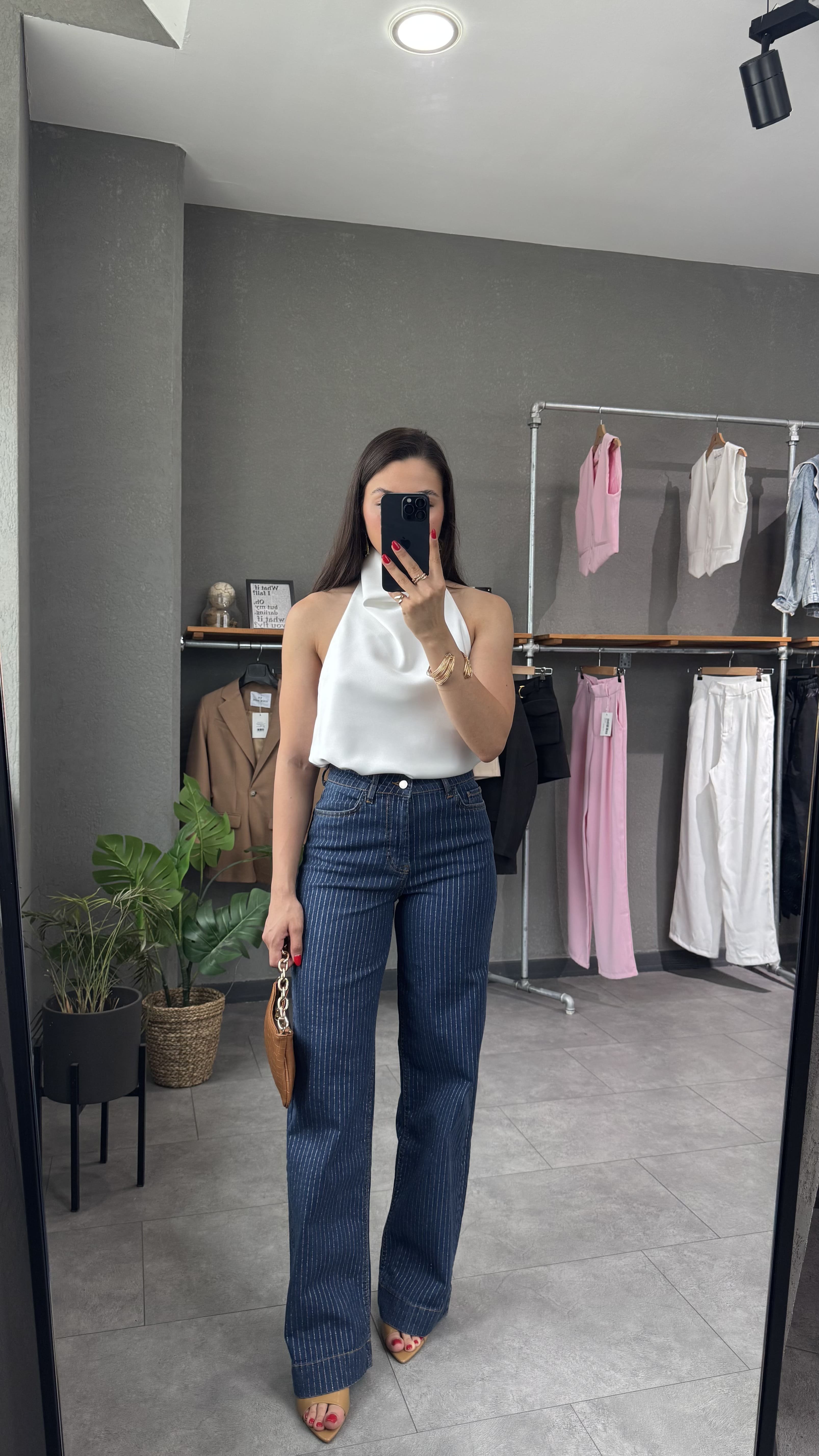 Yüksek Bel Simli Çizgi Detaylı Wide Leg Jean