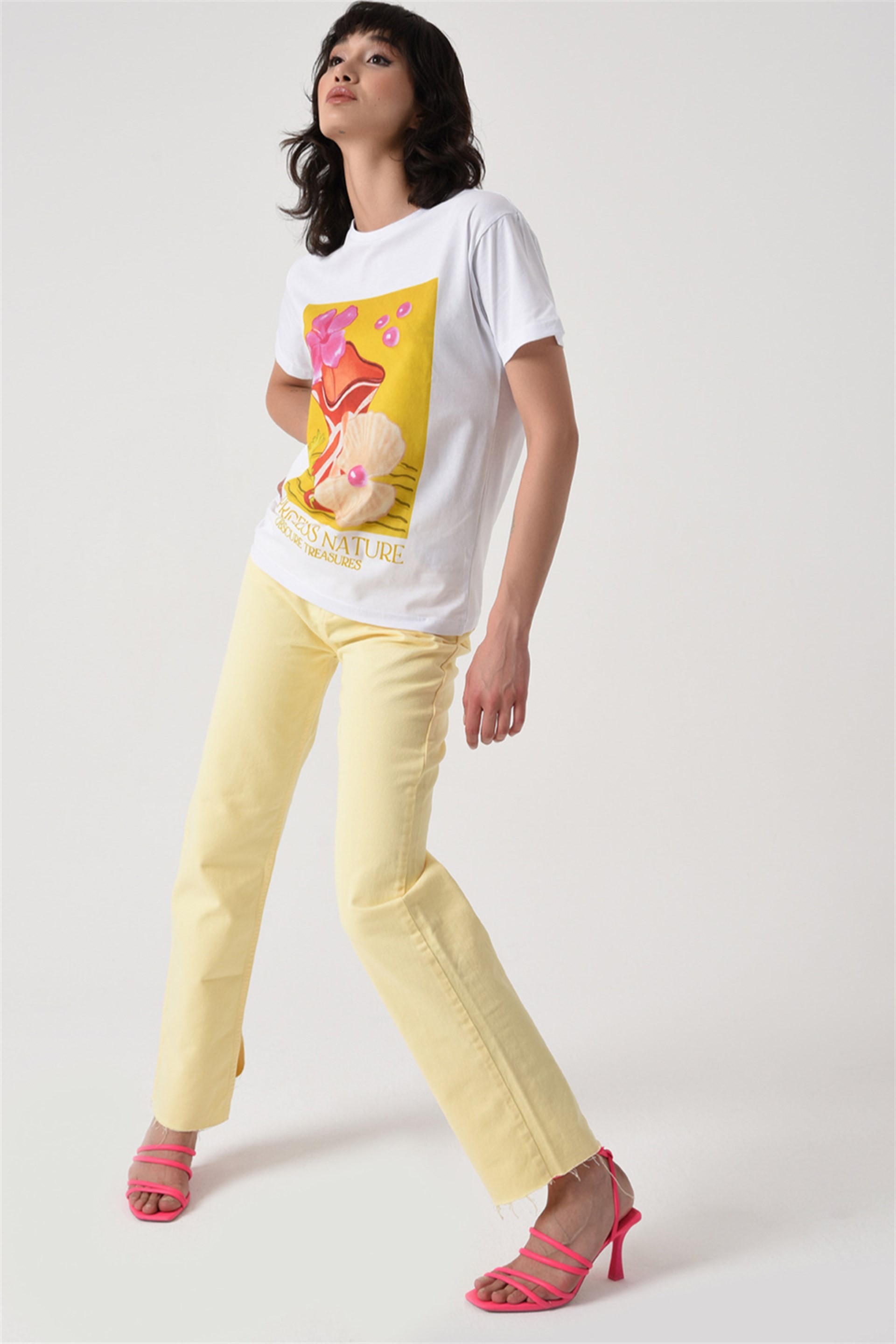 Baskılı Basic Örme T-shirt Beyaz