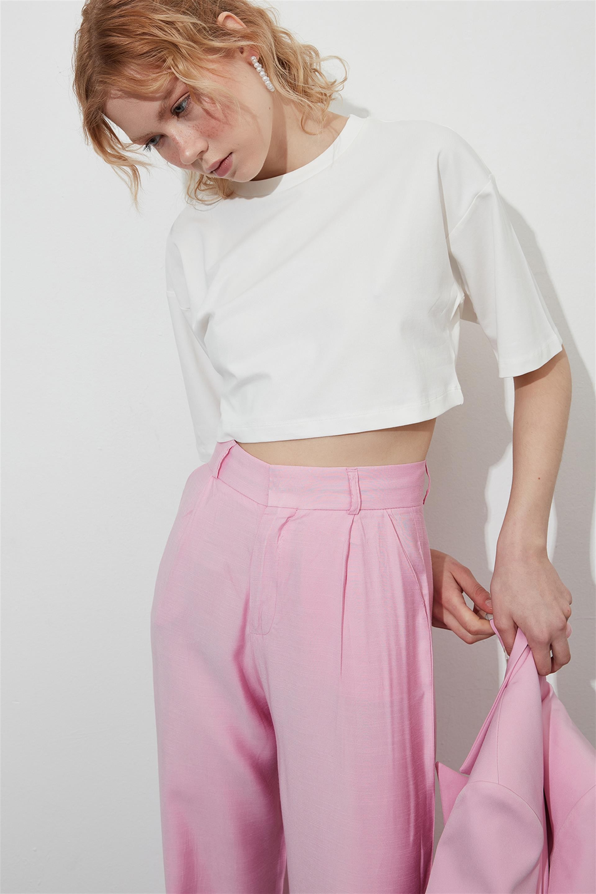 Ekru Crop Kısa Kol T-shirt
