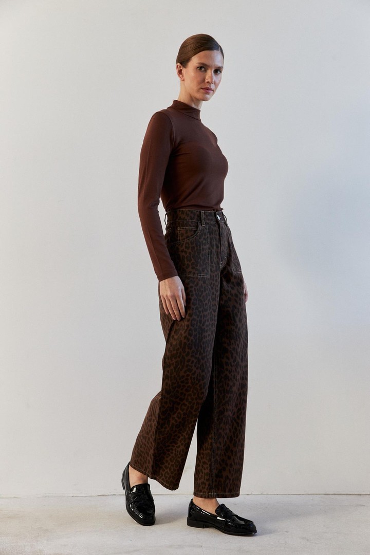 Yüksek Bel Leopar Desenli Kahve Straight Fit Kadın Jean