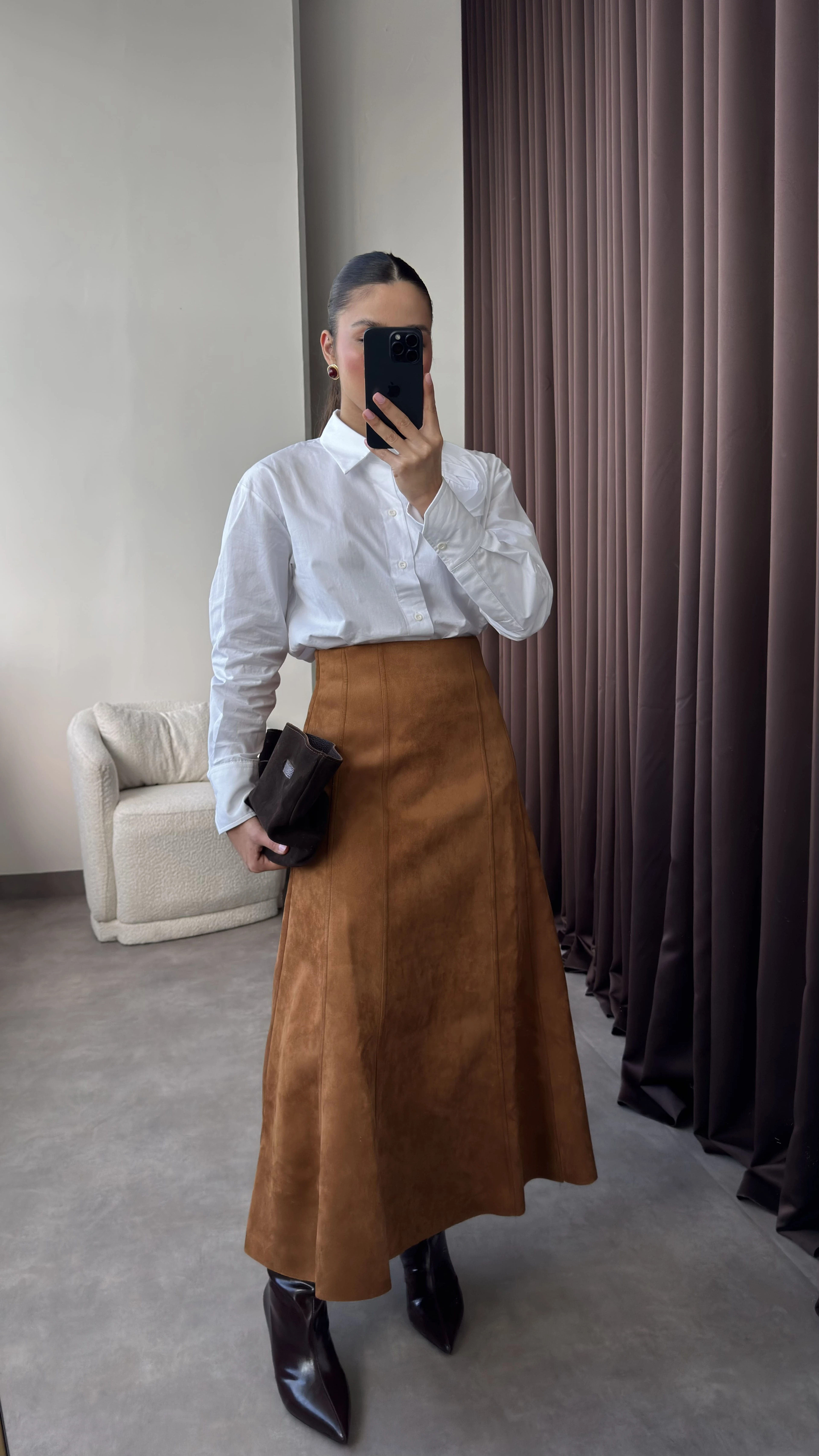 Kadın Taba Uzun Kloş Süet Etek