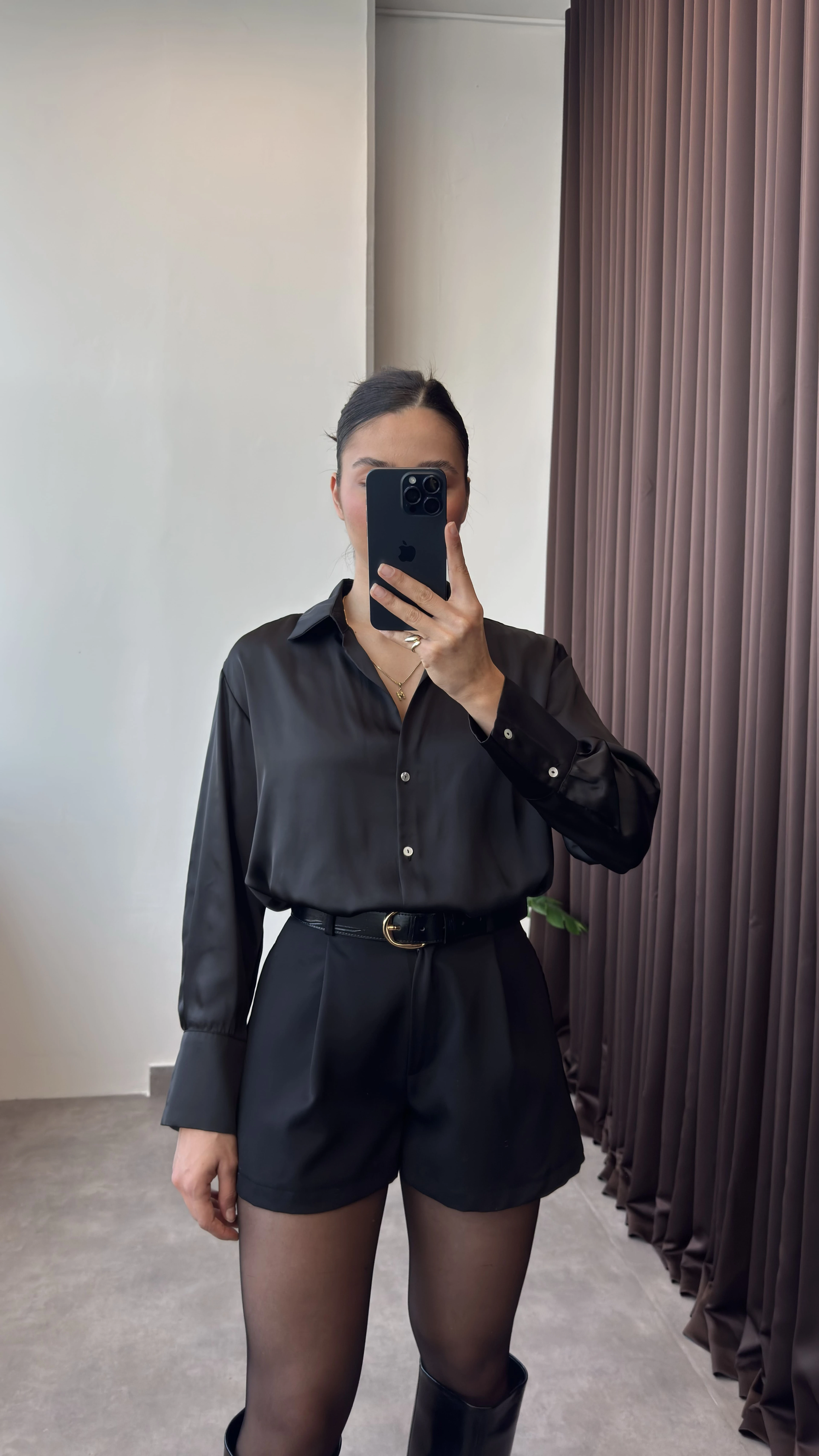 Basic Siyah Kadın Saten Gömlek