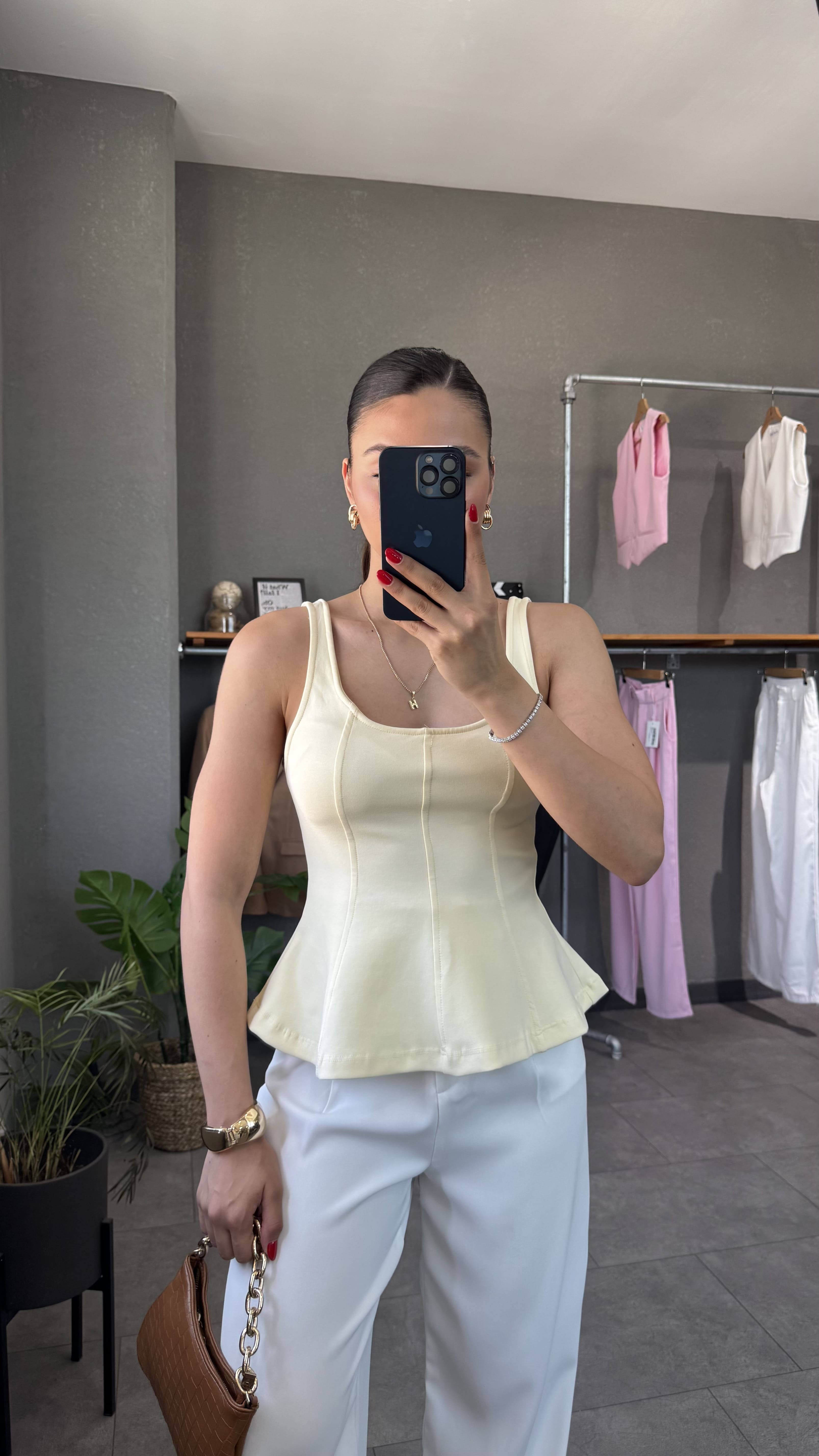 Kalın Askılı Peplum Bluz - Sarı