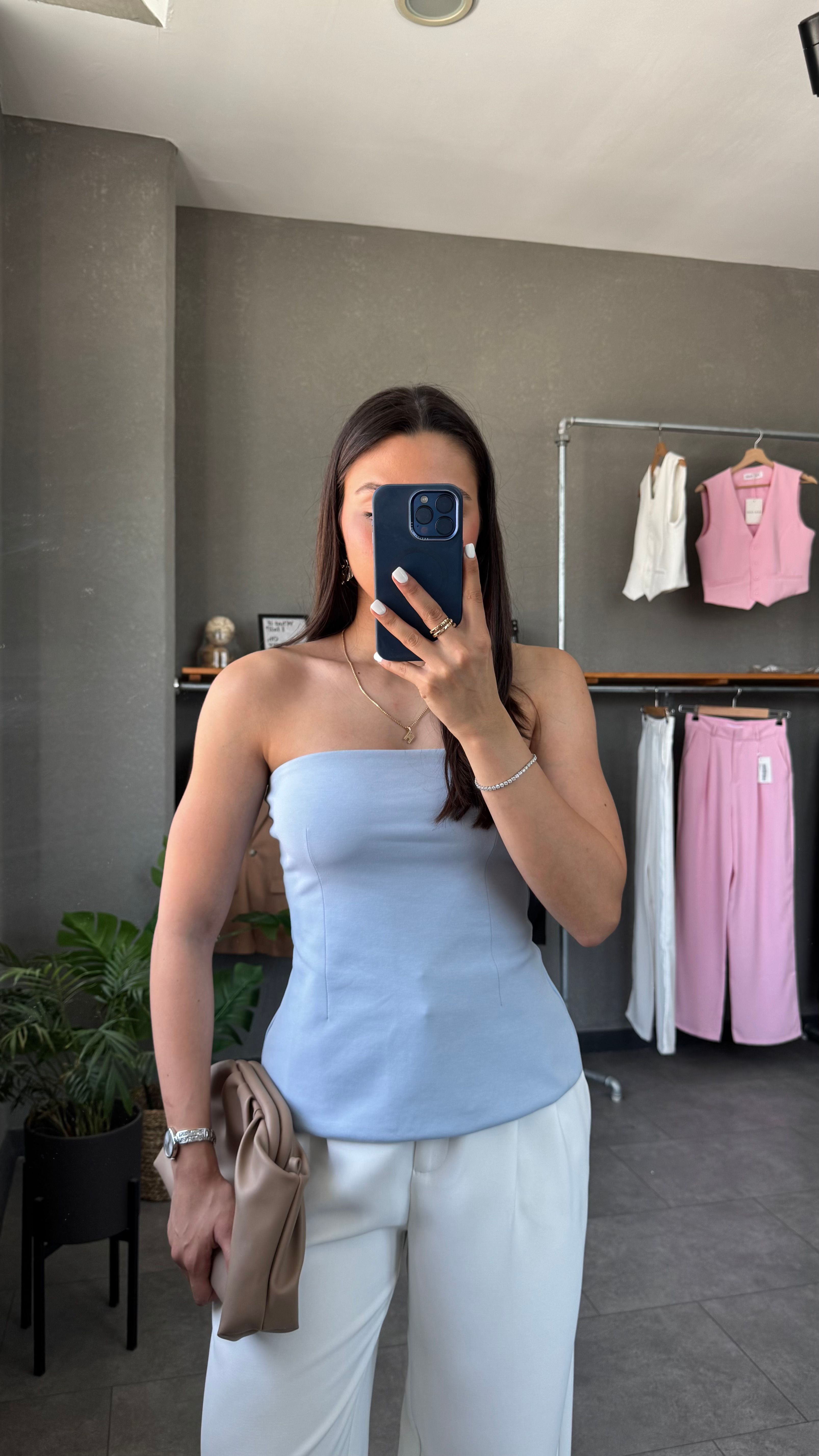 Straplez Peplum Bluz - Mavi