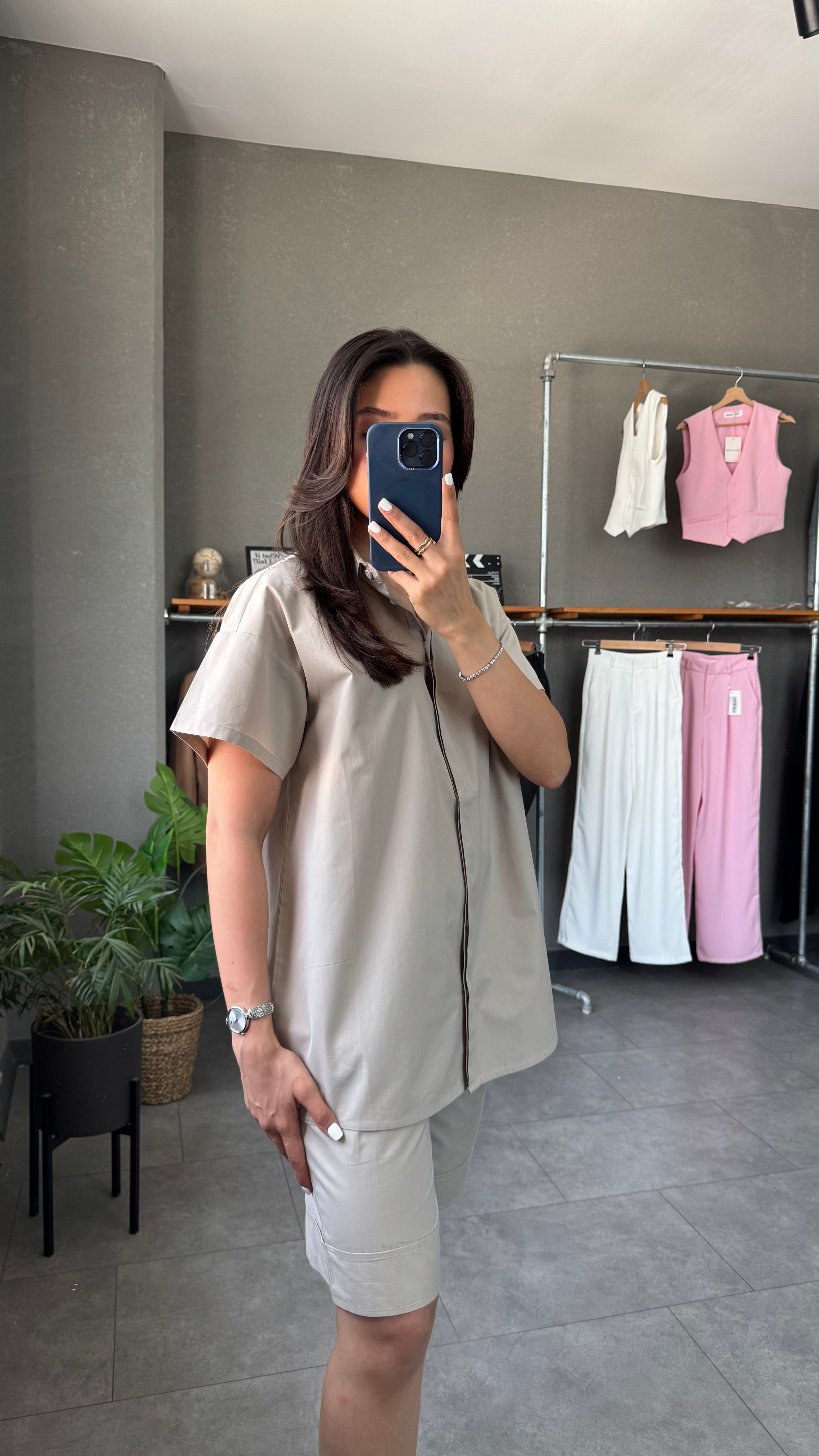 Gabardin Gömlek Kemerli Bermuda Şort Takım