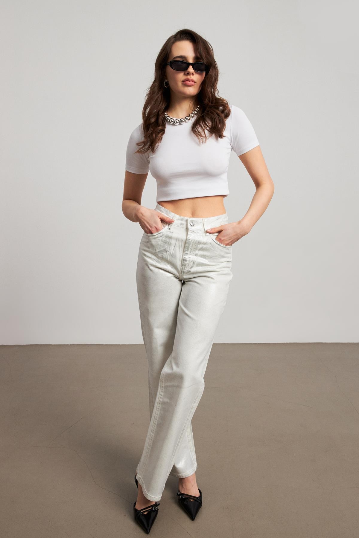 Yüksek Bel Gümüş Varaklı Kadın Wide Leg Jean