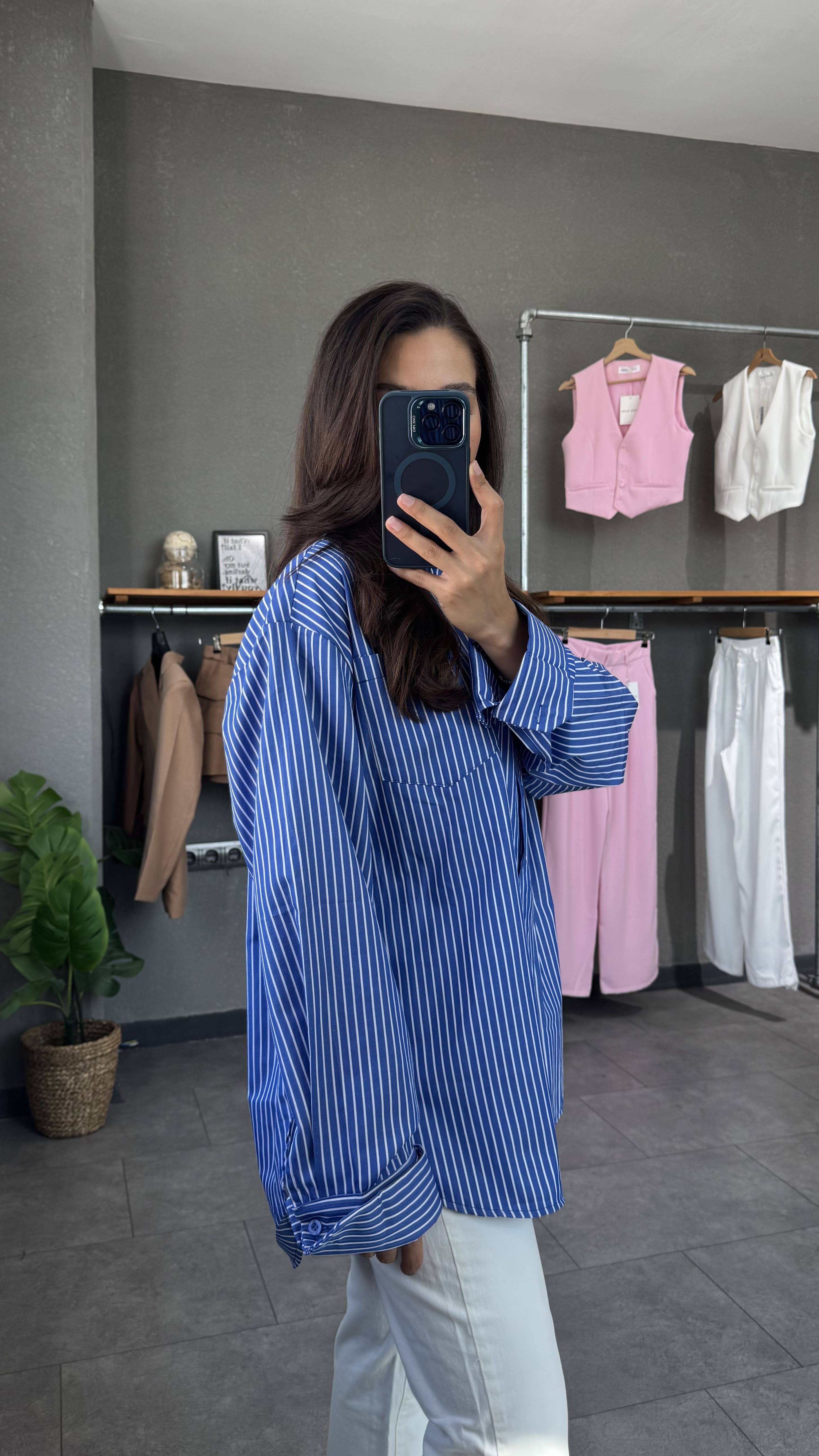Poplin Oversize Çizgili Koyu Mavi Kadın Gömlek
