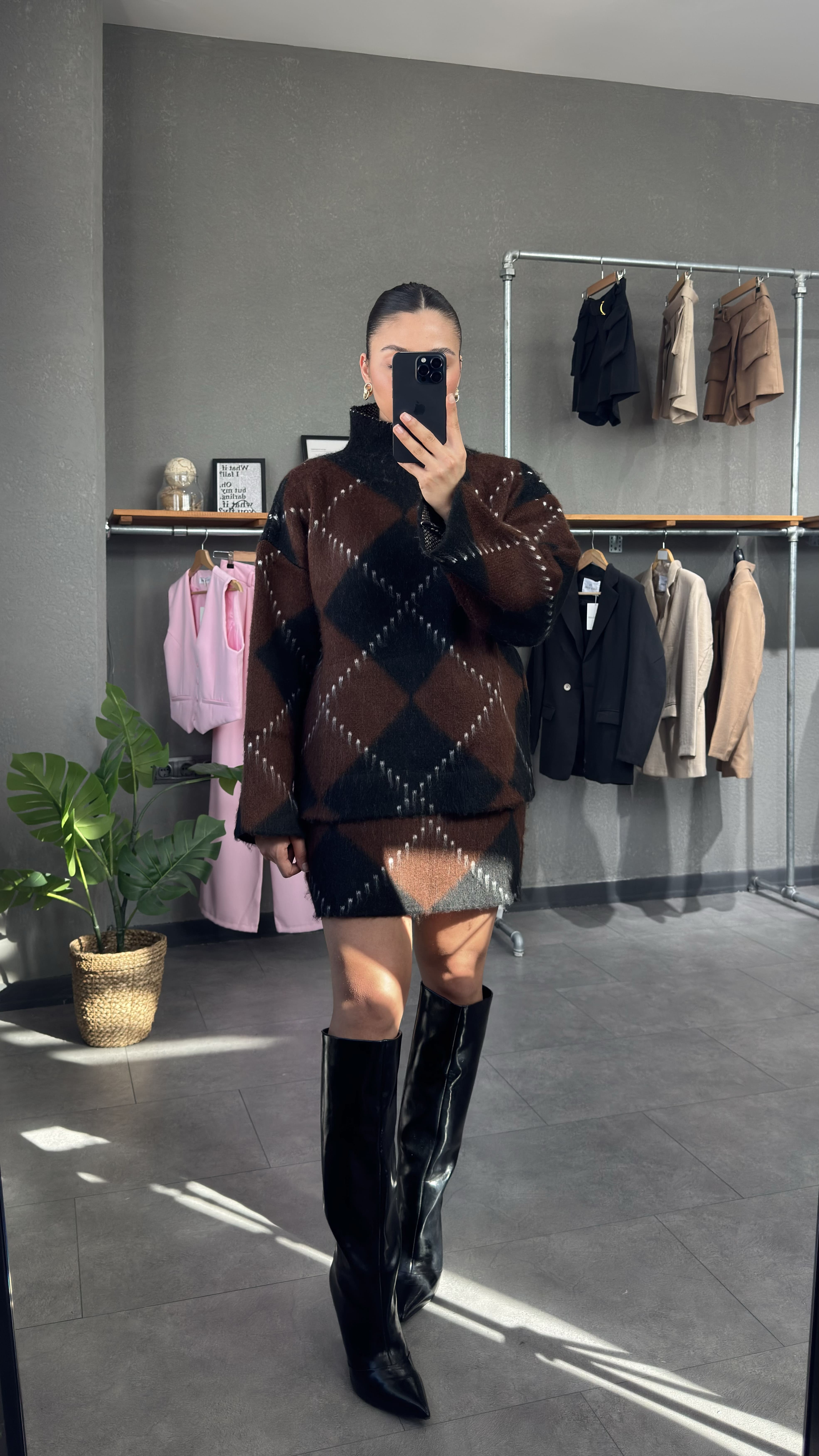 Baklava Desenli Oversize Kazak Etek Takım