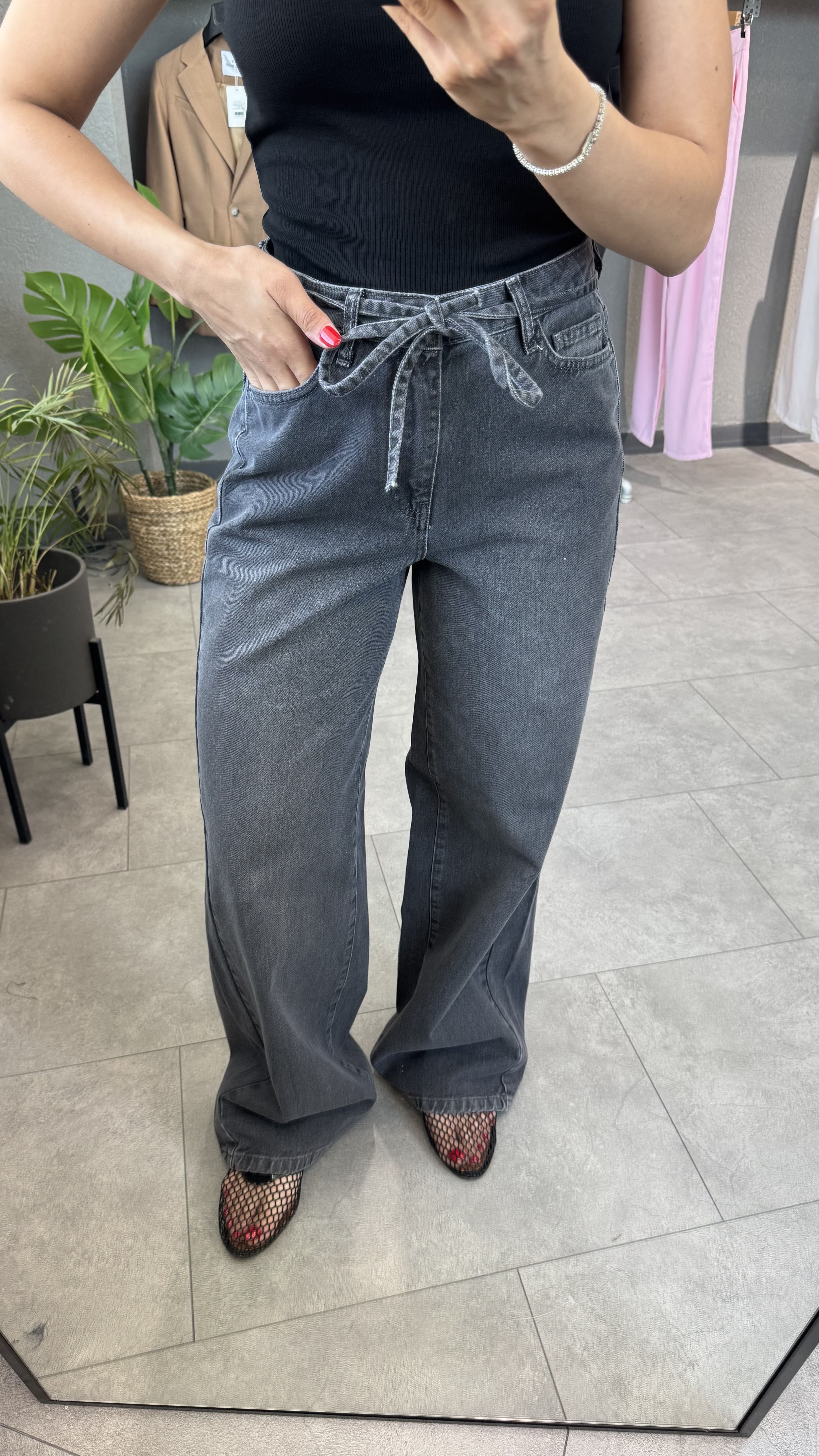 Beli Kordonlu Yüksek Bel Wide Leg Jean