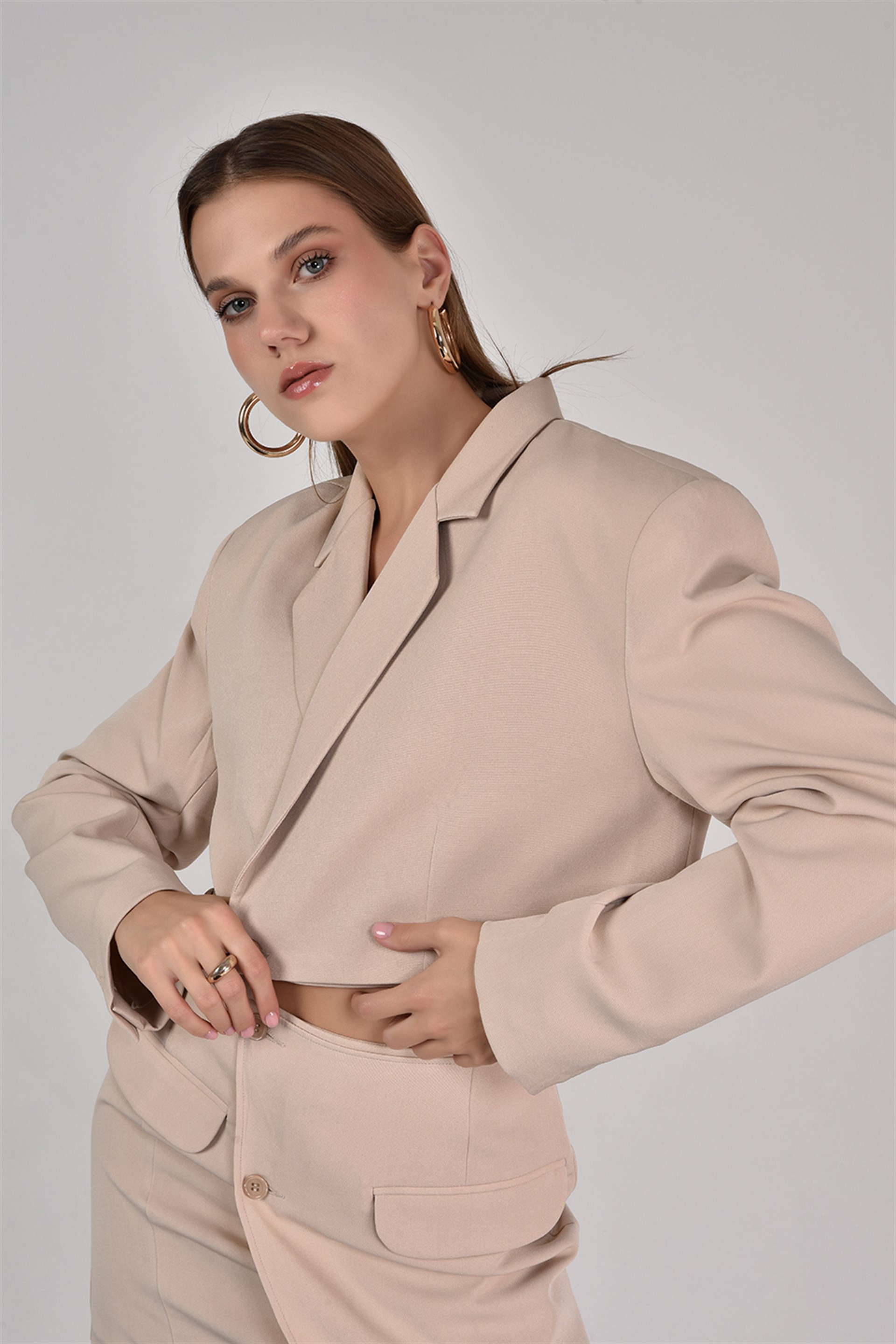 Kadın Crop Blazer Ceket Krem