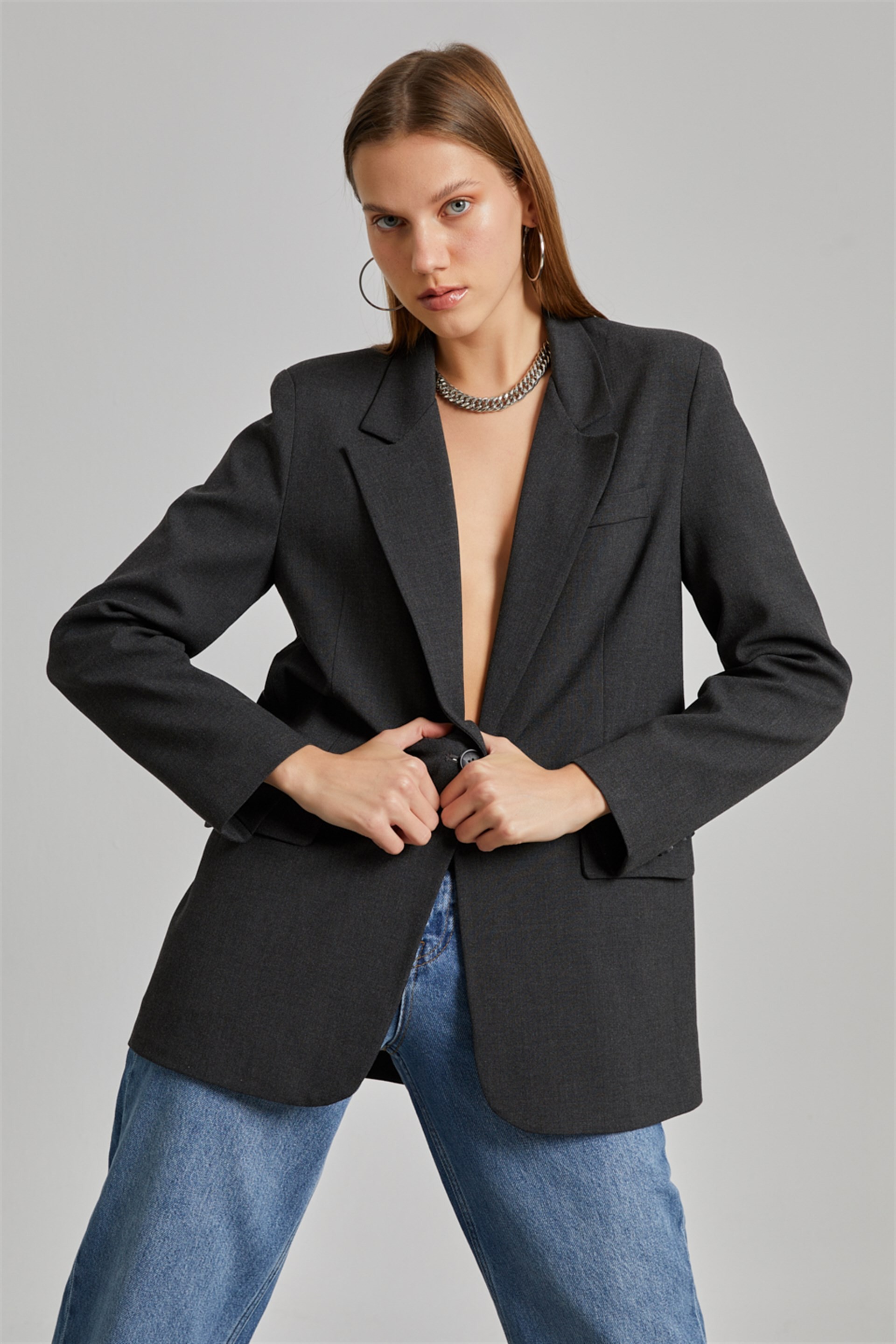 Antrasit Desenli Astarlı Blazer Ceket