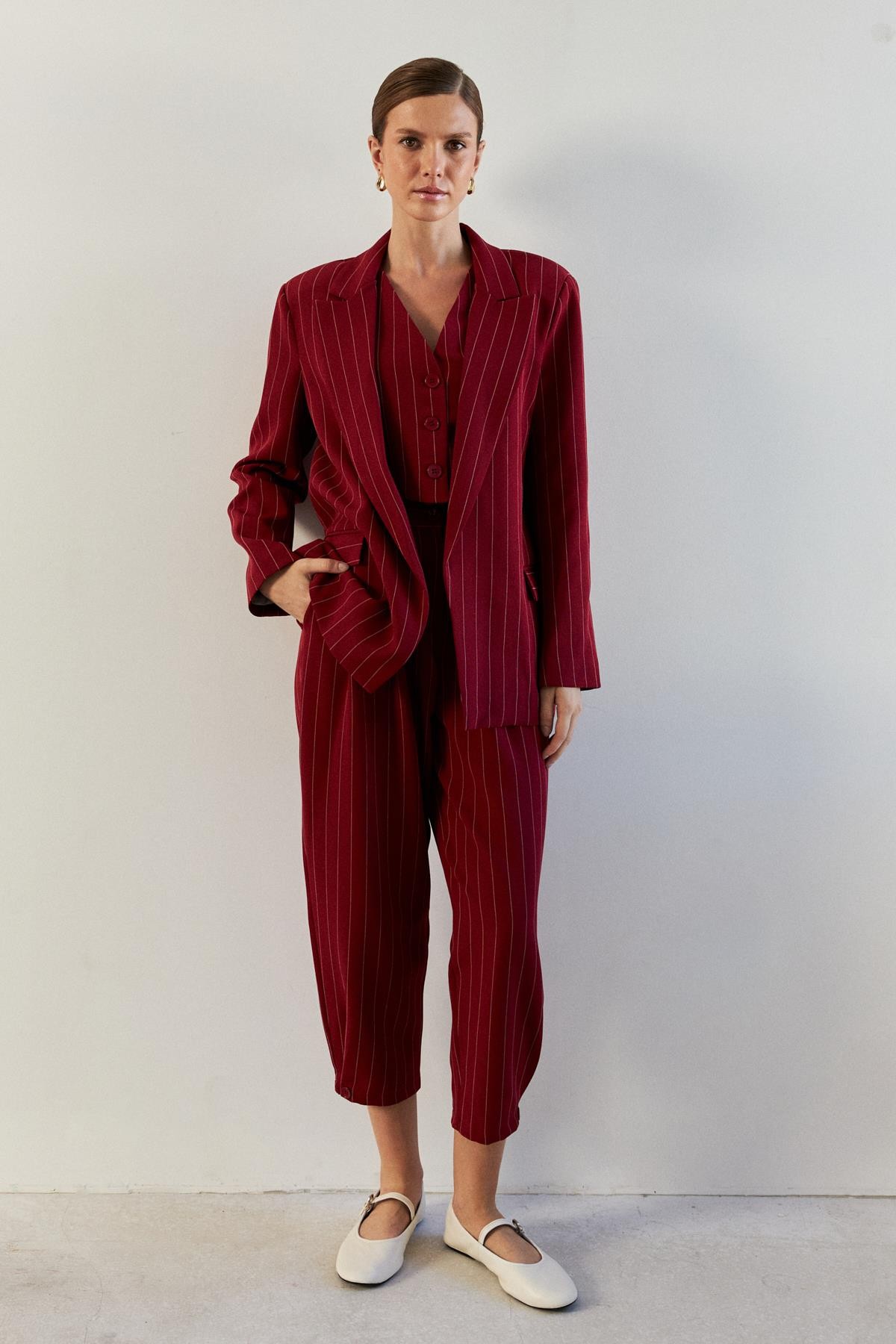 Oversize Çizgili Bordo Kadın Blazer Ceket
