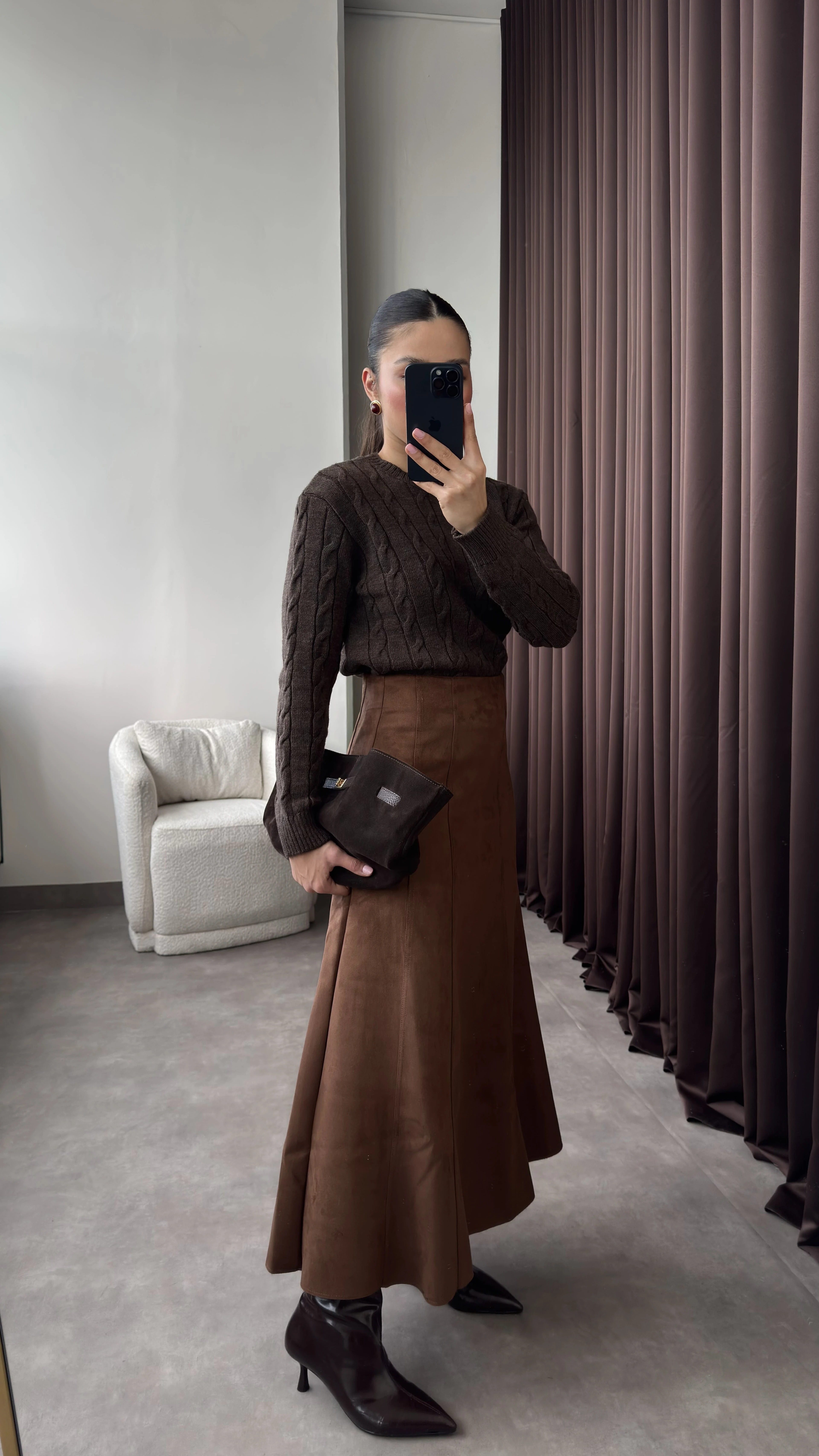 Kadın Kahve Uzun Kloş Süet Etek