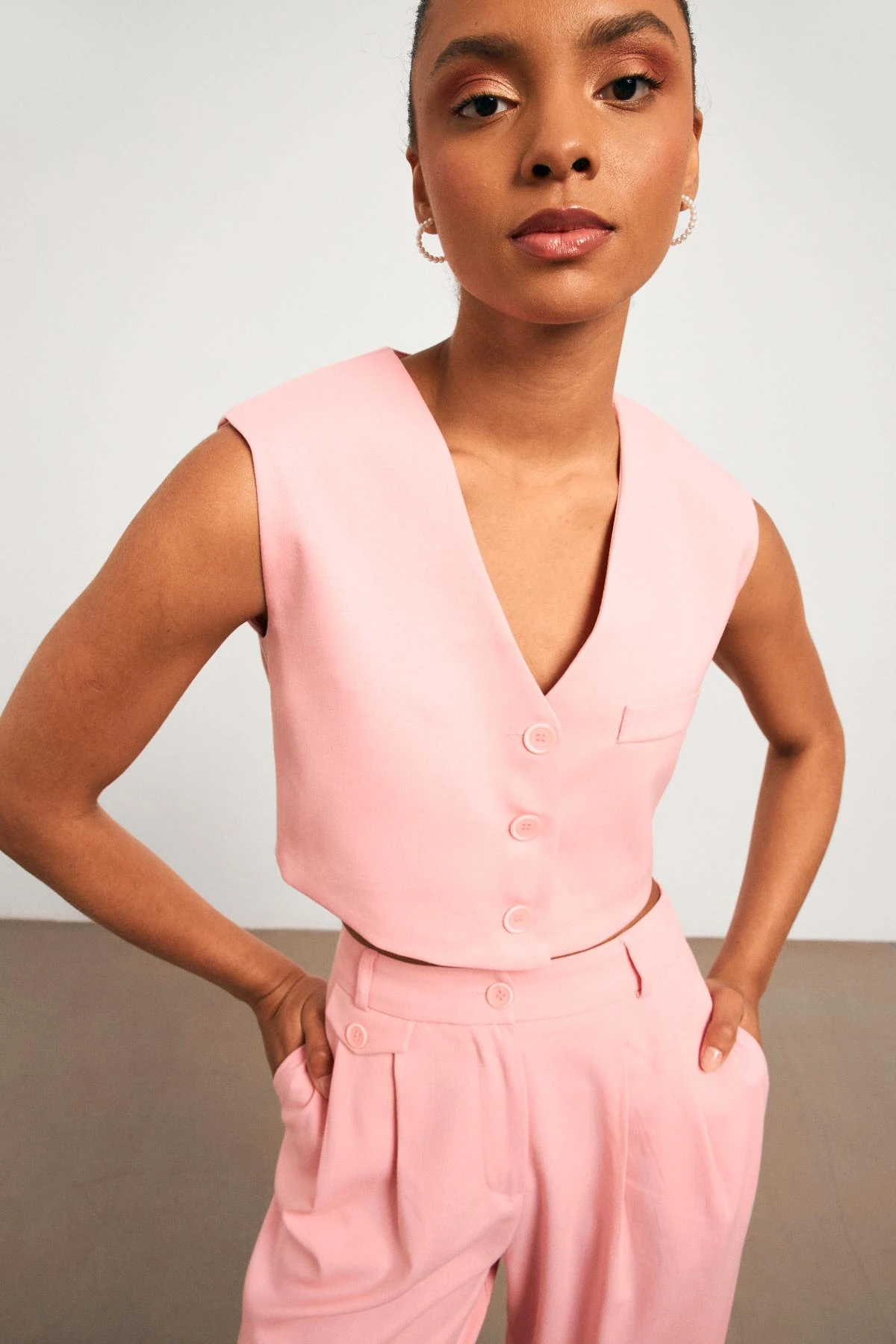 Vatkalı Crop Pembe Kadın Yelek