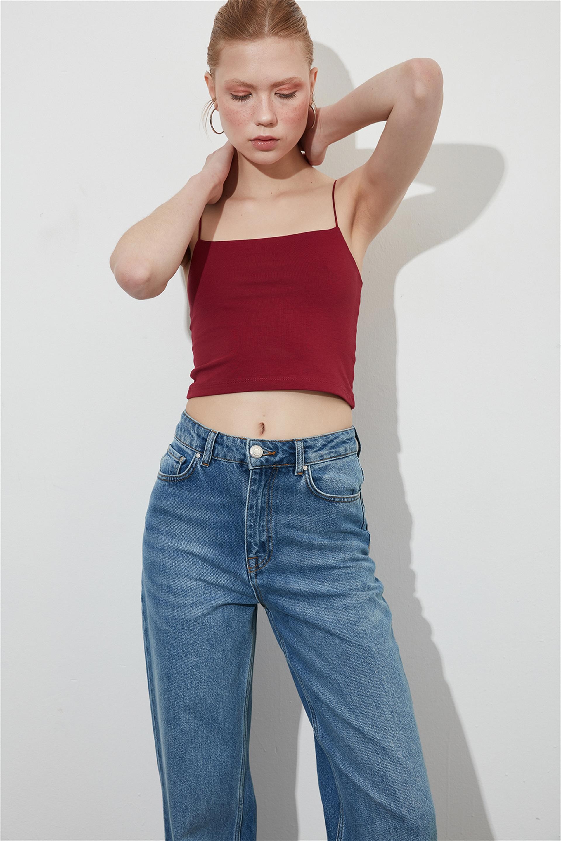 İp Askılı Bordo Crop Top