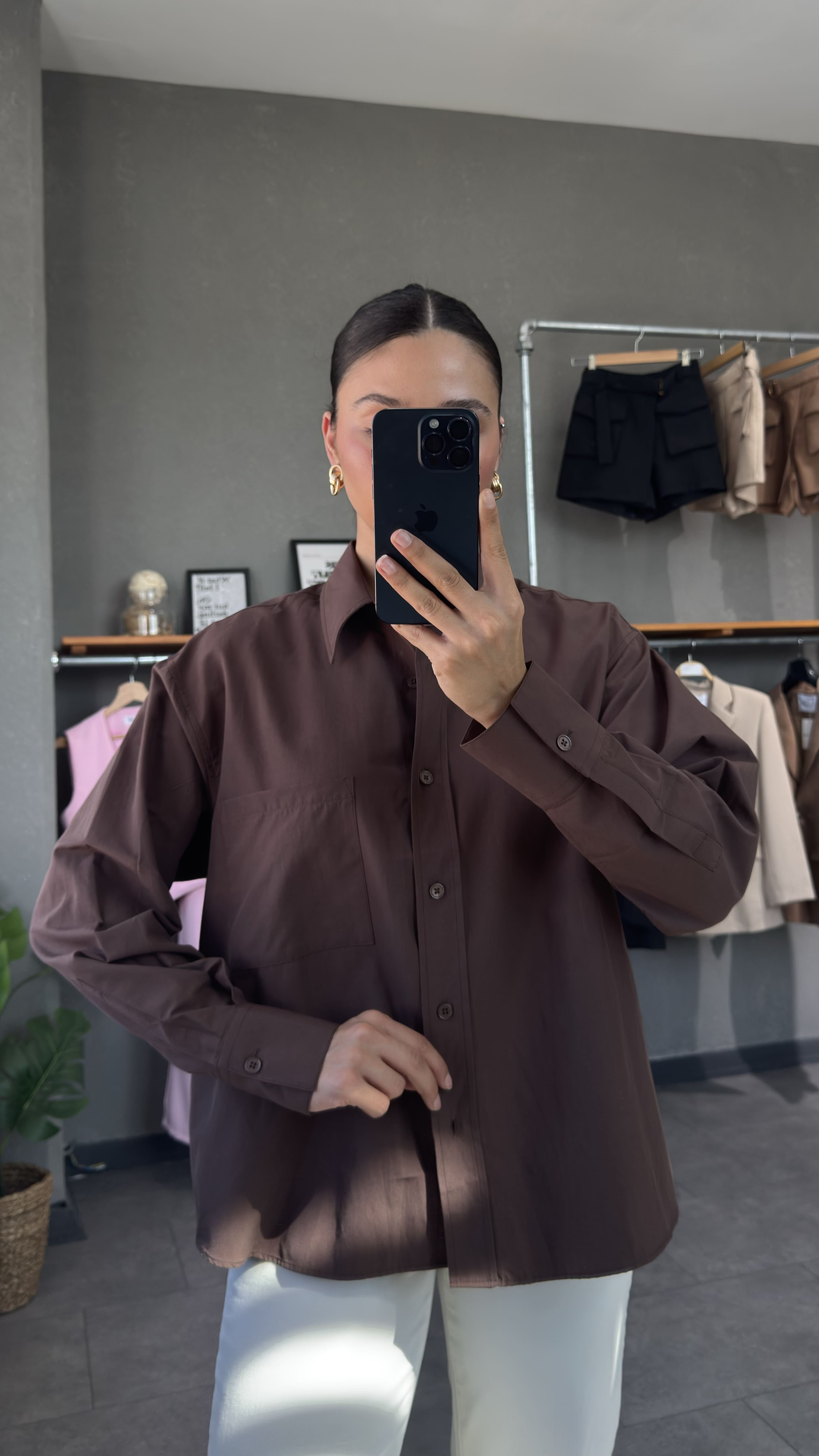 Oversize Kahve Kadın Gömlek